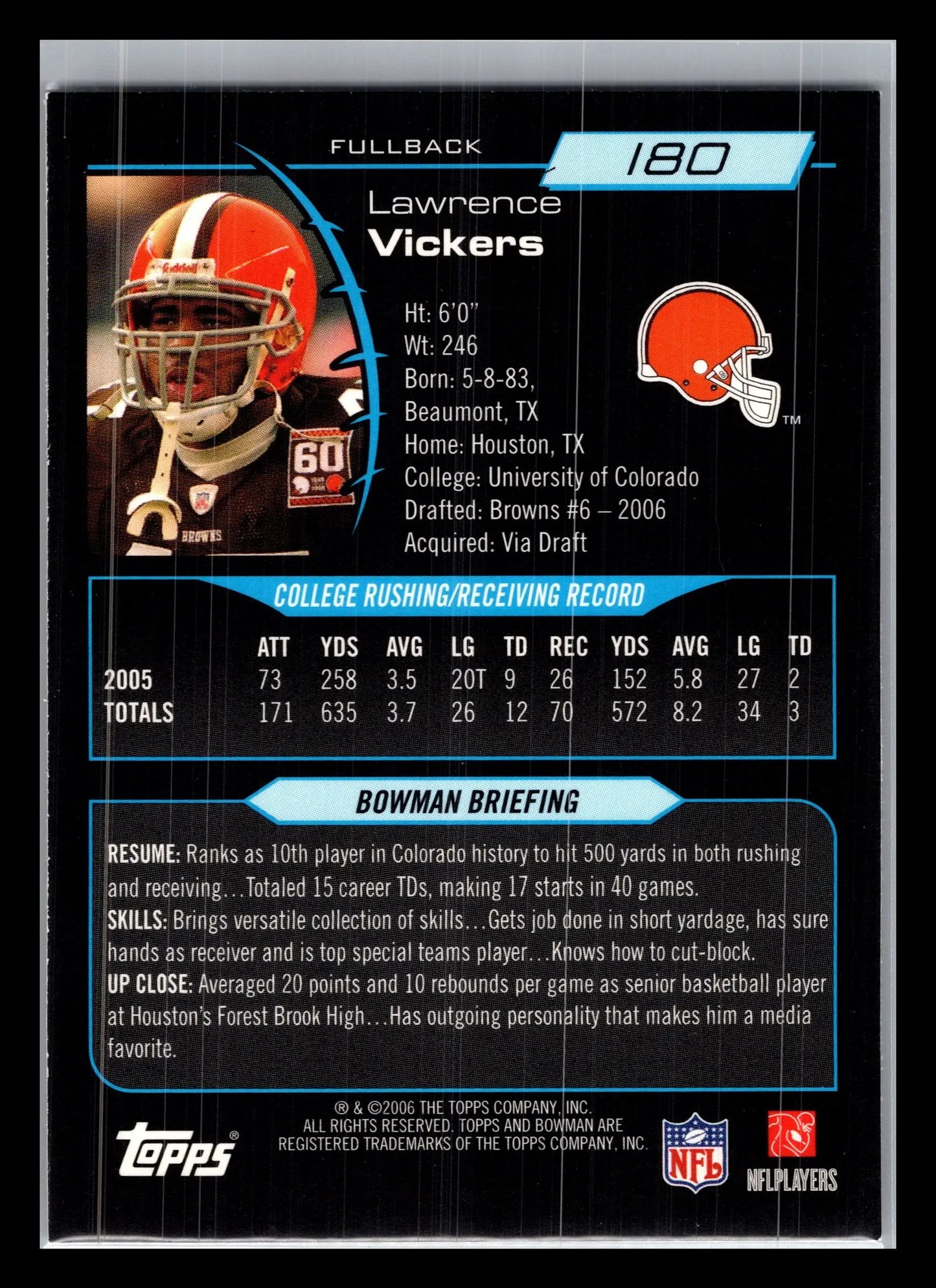 2006 Bowman #180 Lawrence Vickers Cleveland Browns Rookie