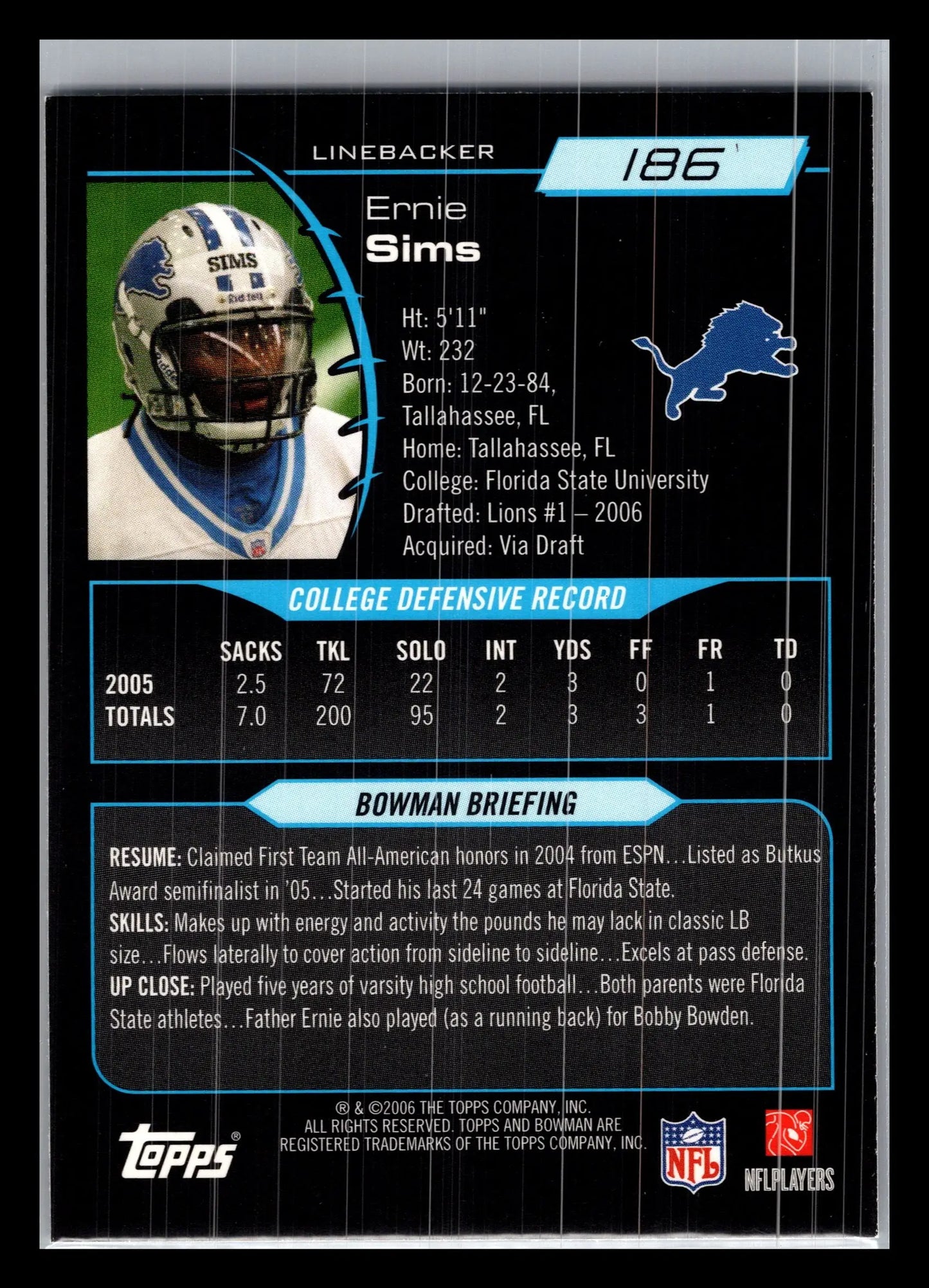 2006 Bowman #186 Ernie Sims Detroit Lions Rookie - Football Card Single