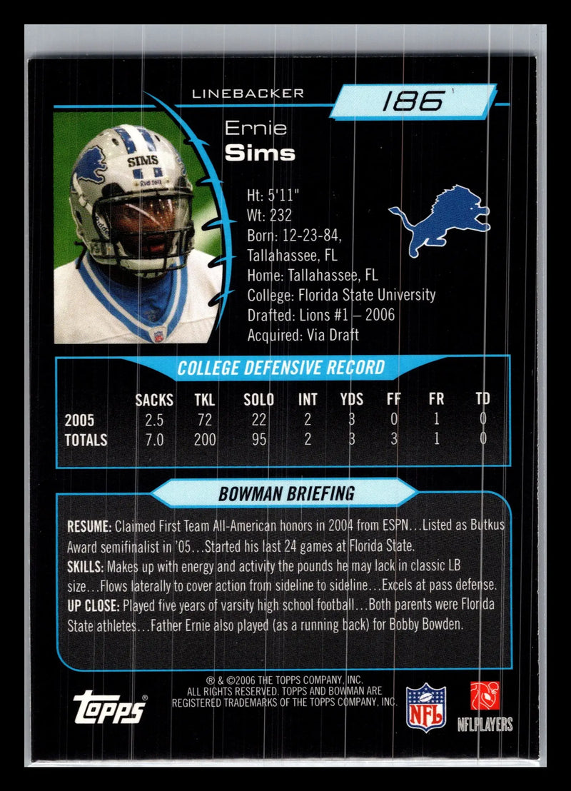 2006 Bowman #186 Ernie Sims Detroit Lions Rookie - Football Card Single