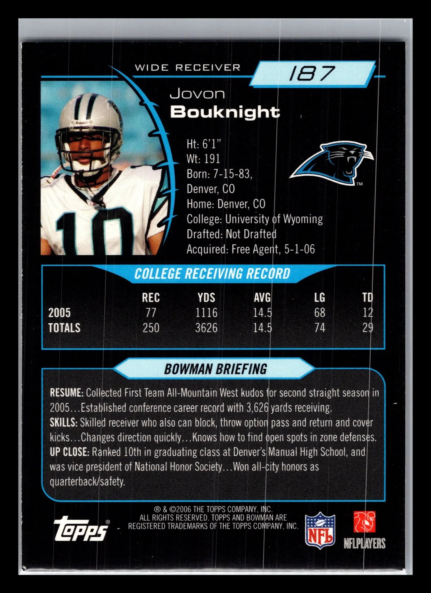 2006 Bowman #187 Jovon Bouknight Carolina Panthers Rookie