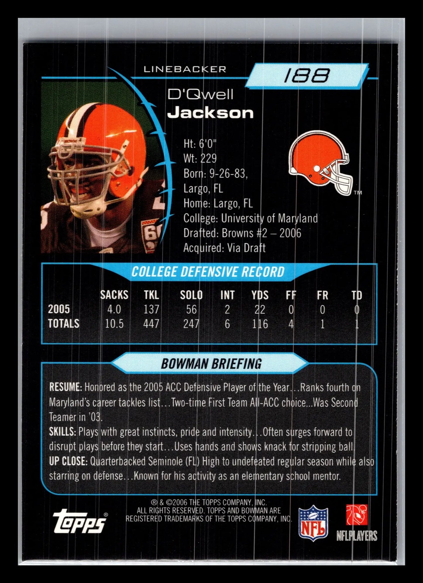 2006 Bowman #188 D’Qwell Jackson Cleveland Browns Rookie - Football Card Single