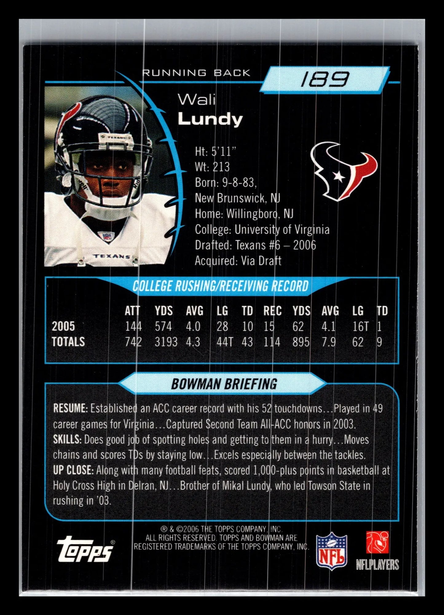 2006 Bowman #189 Wali Lundy Houston Texans Rookie - Football Card Single