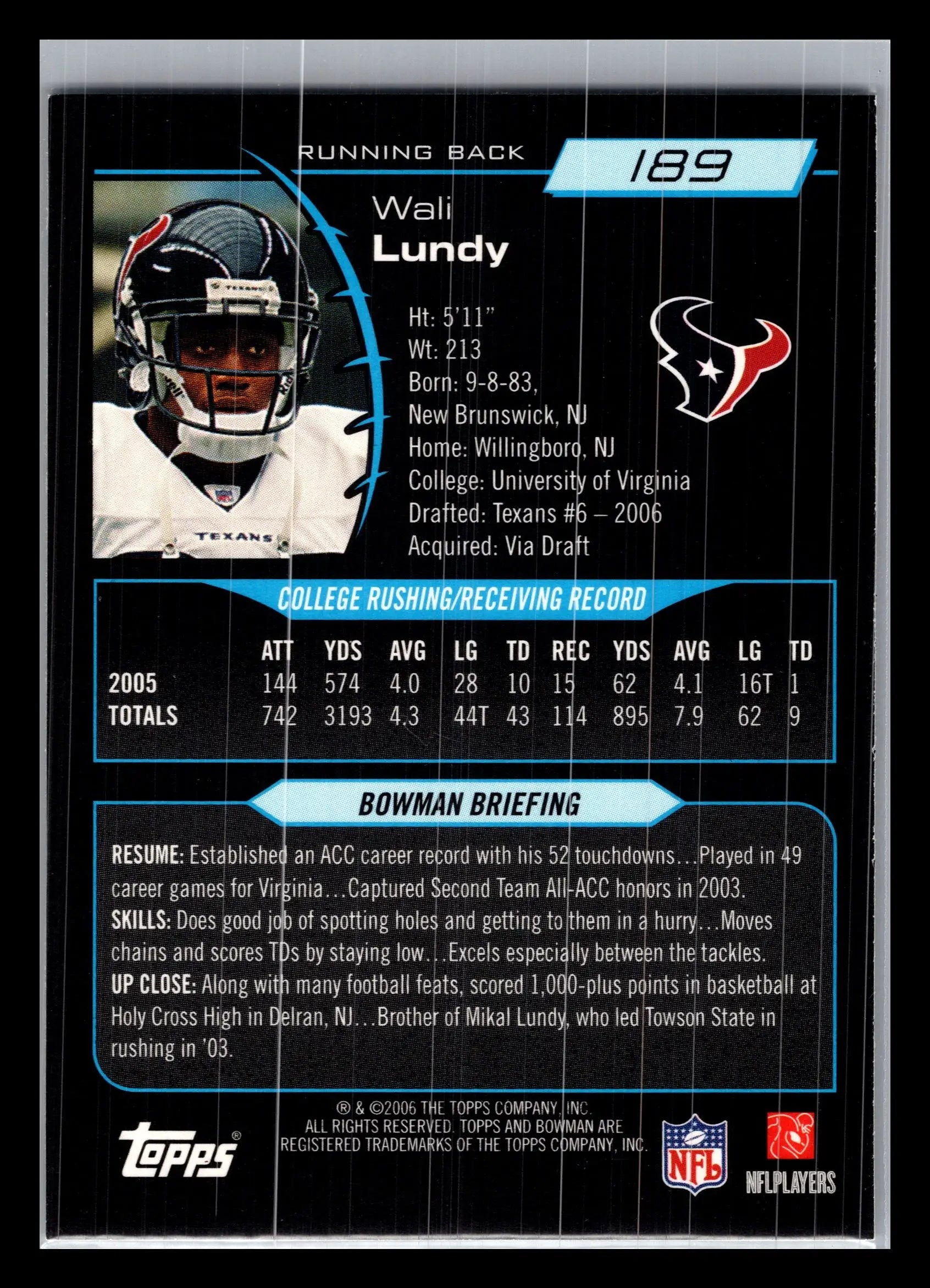 2006 Bowman #189 Wali Lundy Houston Texans Rookie - Football Card Single