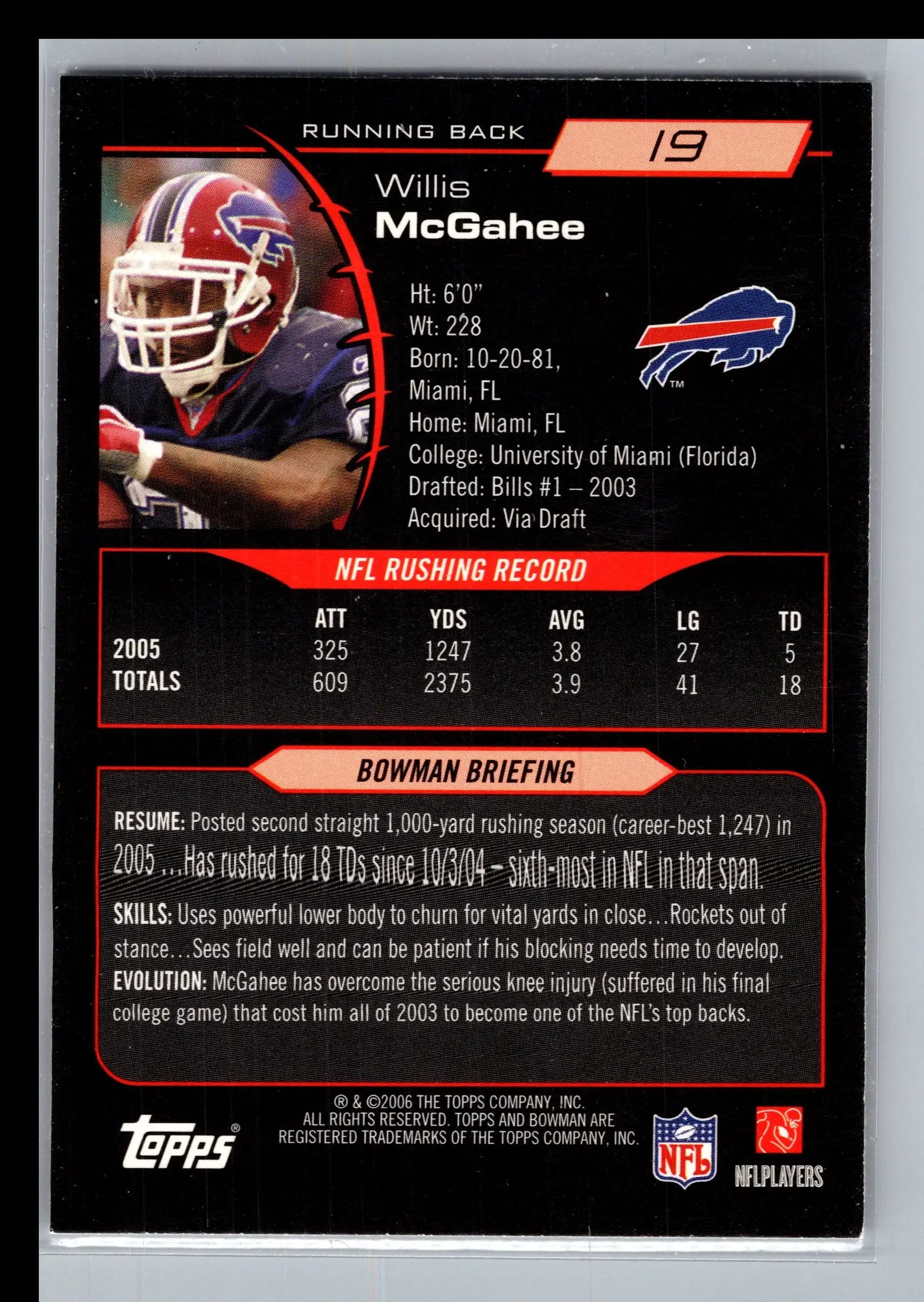 2006 Bowman #19 Willis McGahee Buffalo Bills