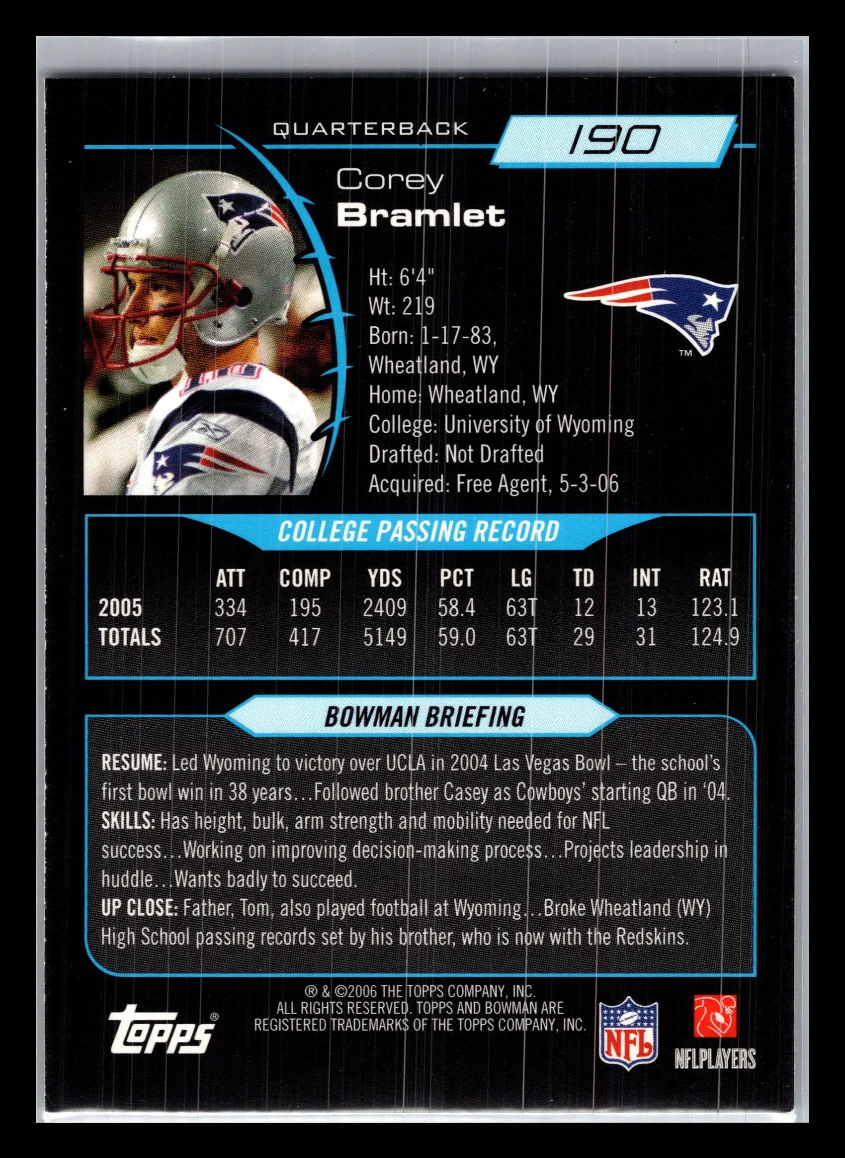 2006 Bowman #190 Corey Bramlet New England Patriots Rookie - Football Card Single