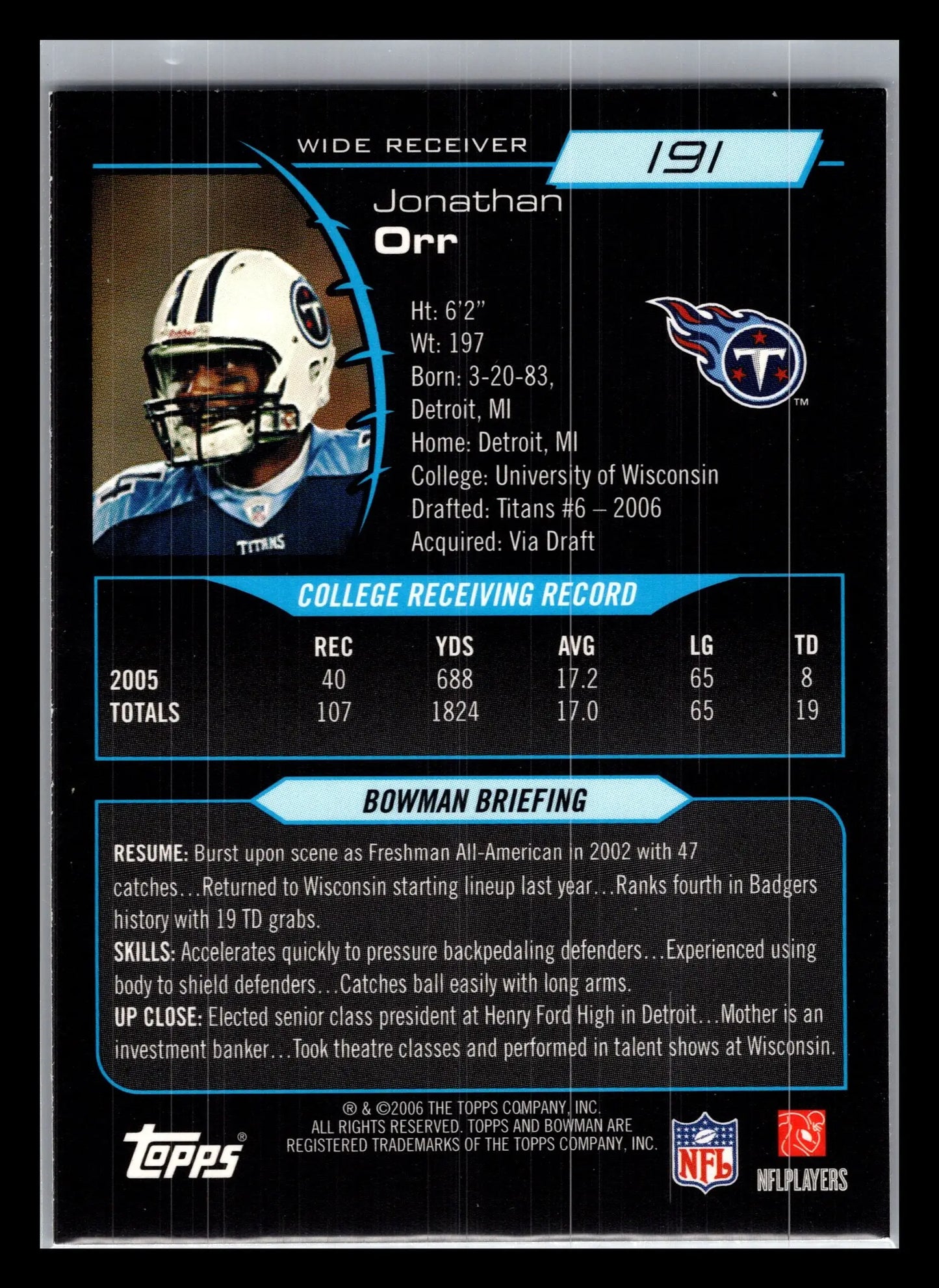 2006 Bowman #191 Jonathan Orr Tennessee Titans Rookie - Football Card Single