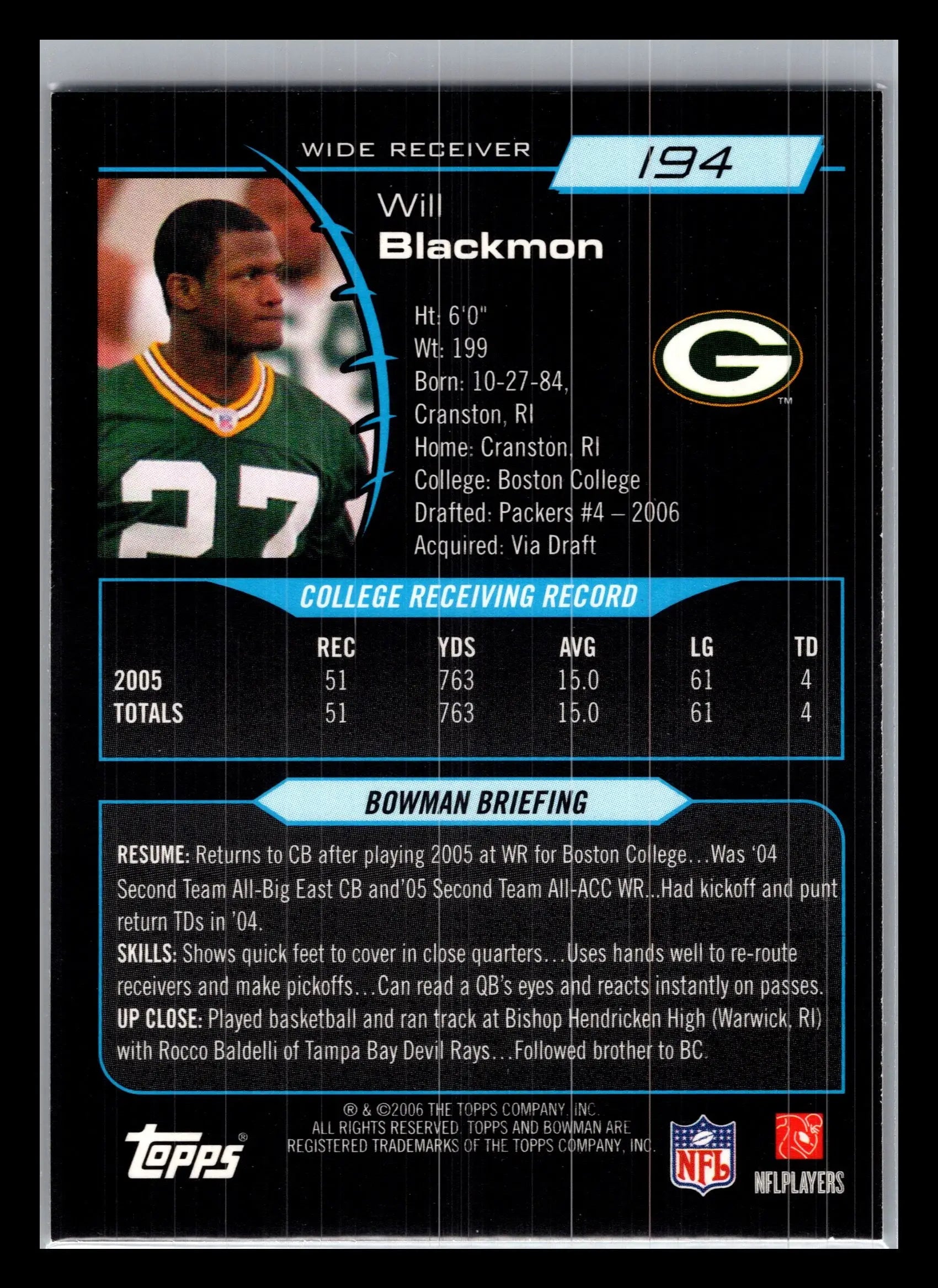2006 Bowman #194 Will Blackmon Green Bay Packers Rookie - Football Card Single
