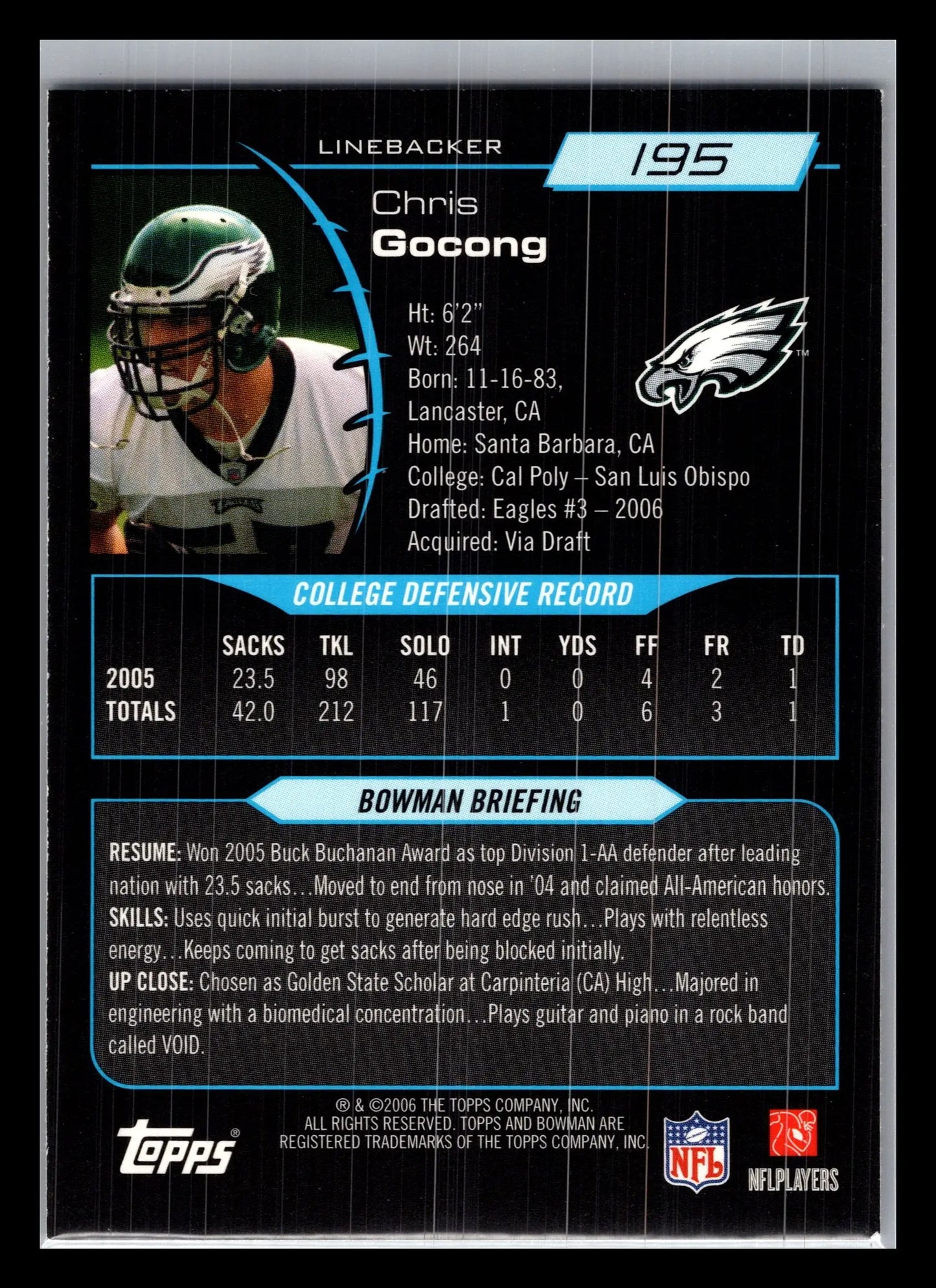 2006 Bowman #195 Chris Gocong Philadelphia Eagles Rookie