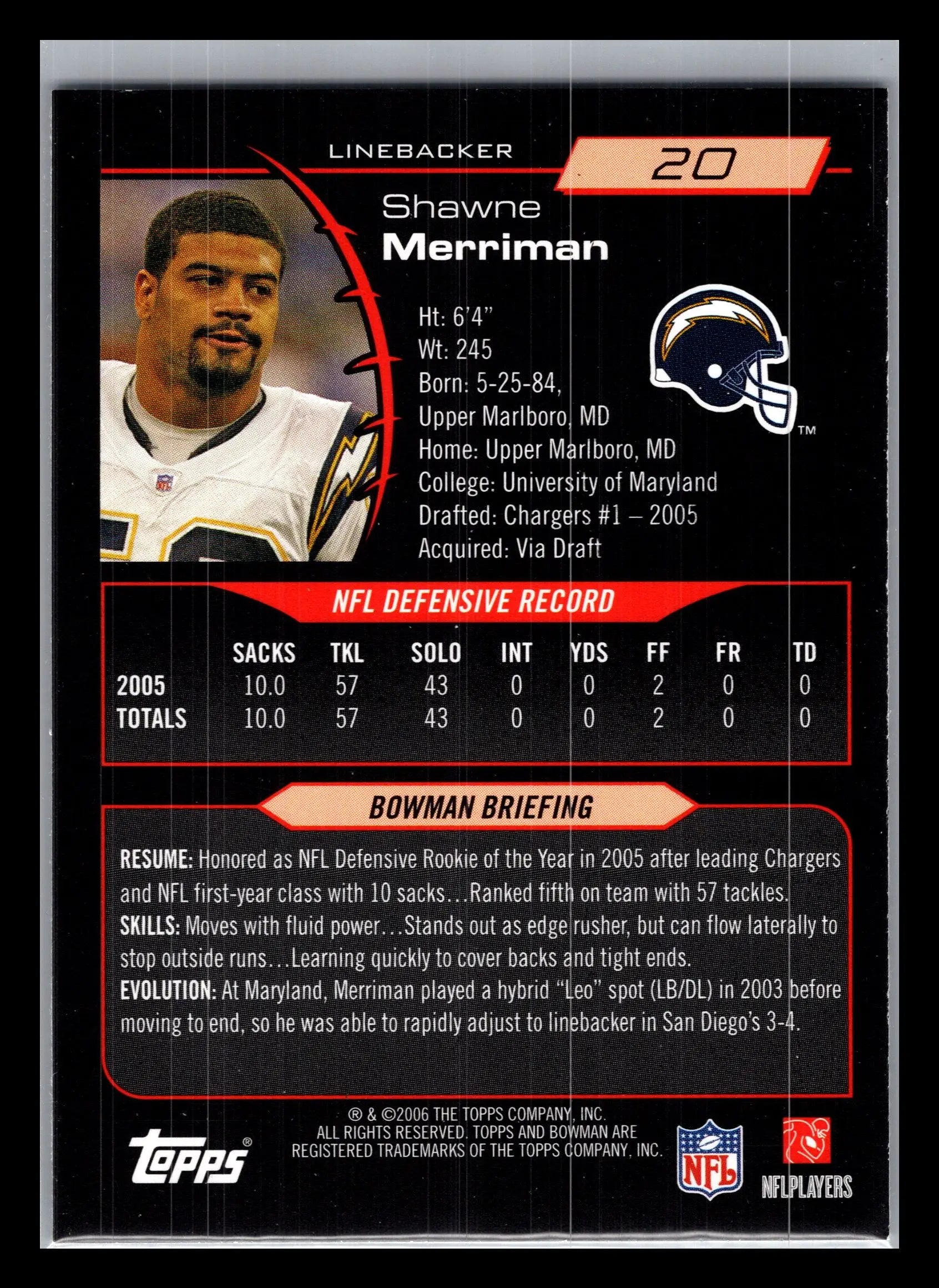 2006 Bowman #20 Shawne Merriman San Diego Chargers - Football Card Single
