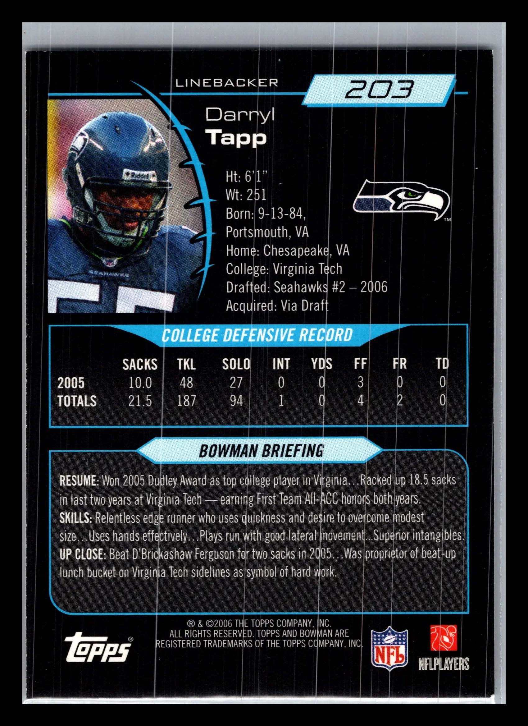 2006 Bowman #203 Darryl Tapp Seattle Seahawks Rookie - Football Card Single
