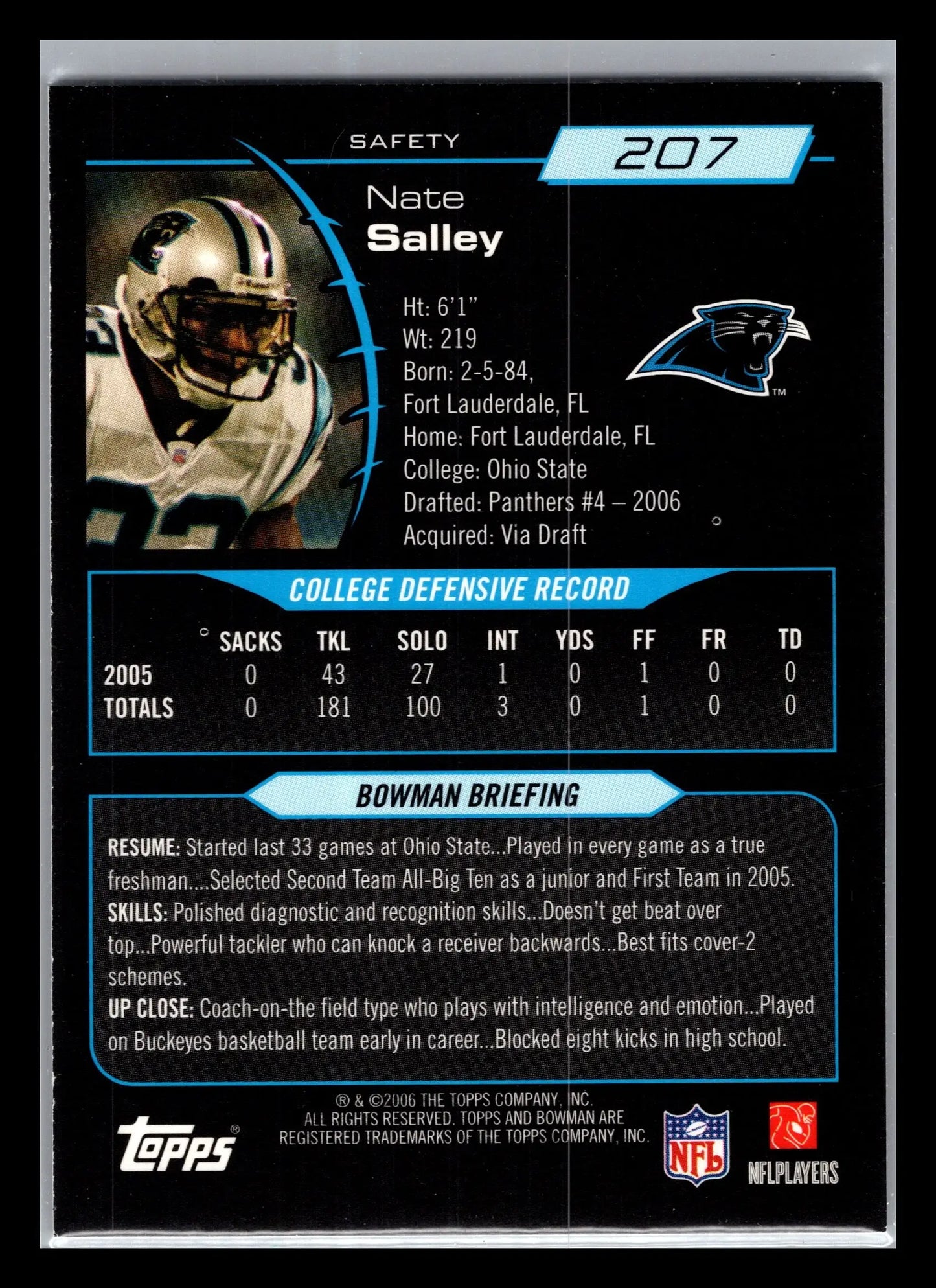 2006 Bowman #207 Nate Salley Carolina Panthers Rookie - Football Card Single