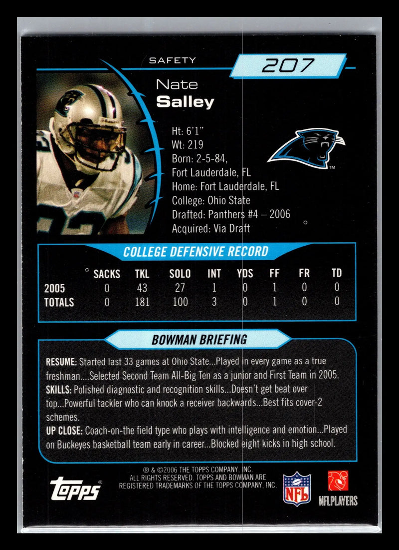 2006 Bowman #207 Nate Salley Carolina Panthers Rookie - Football Card Single