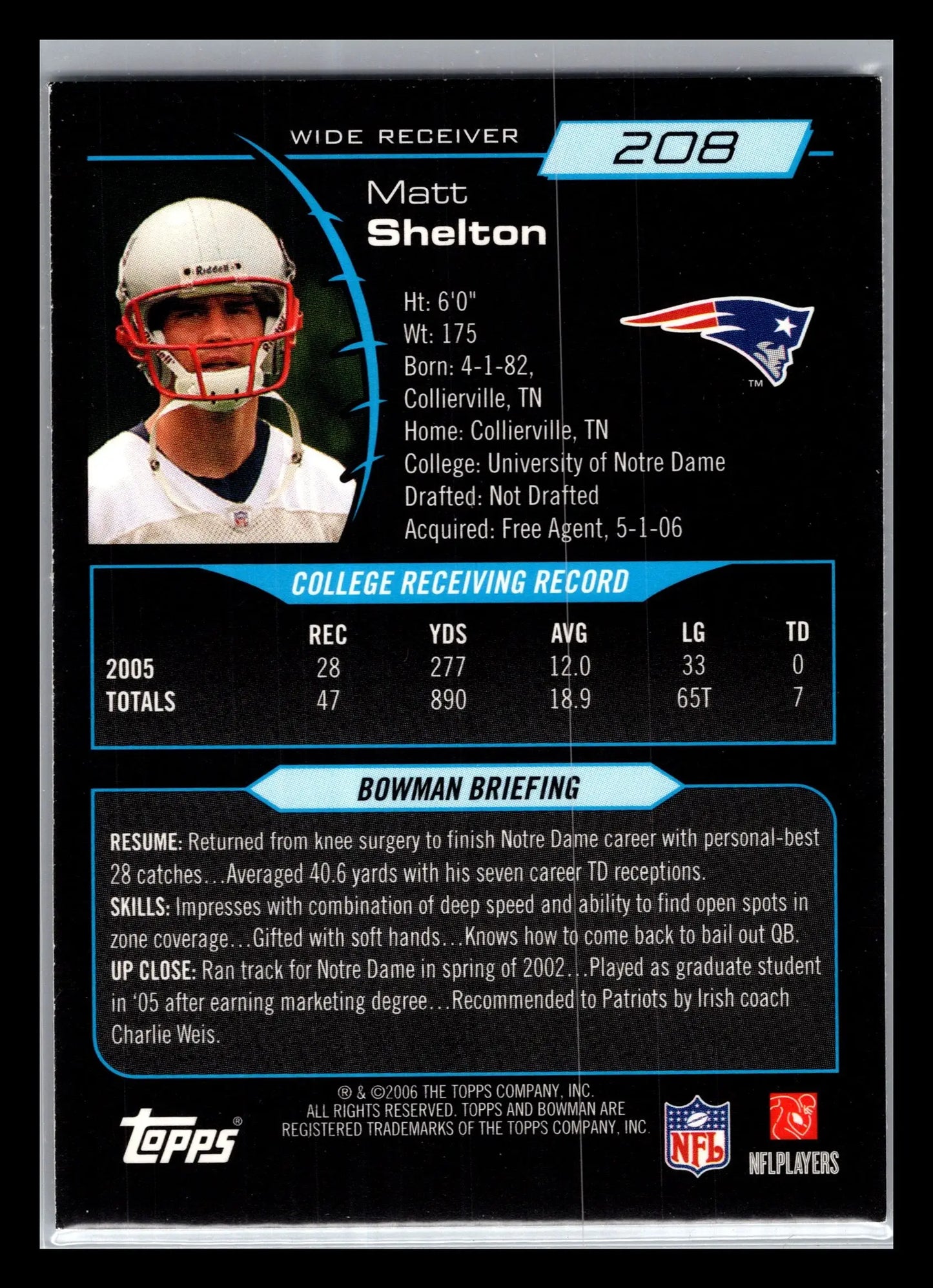 2006 Bowman #208 Matt Shelton New England Patriots Rookie - Football Card Single