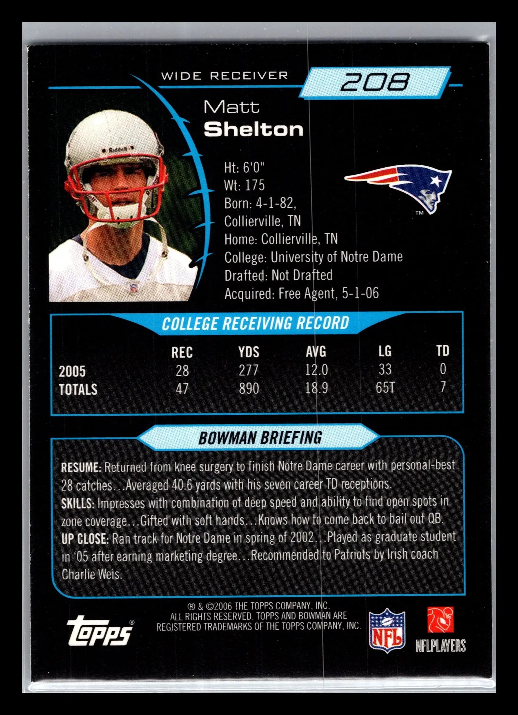 2006 Bowman #208 Matt Shelton New England Patriots Rookie - Football Card Single