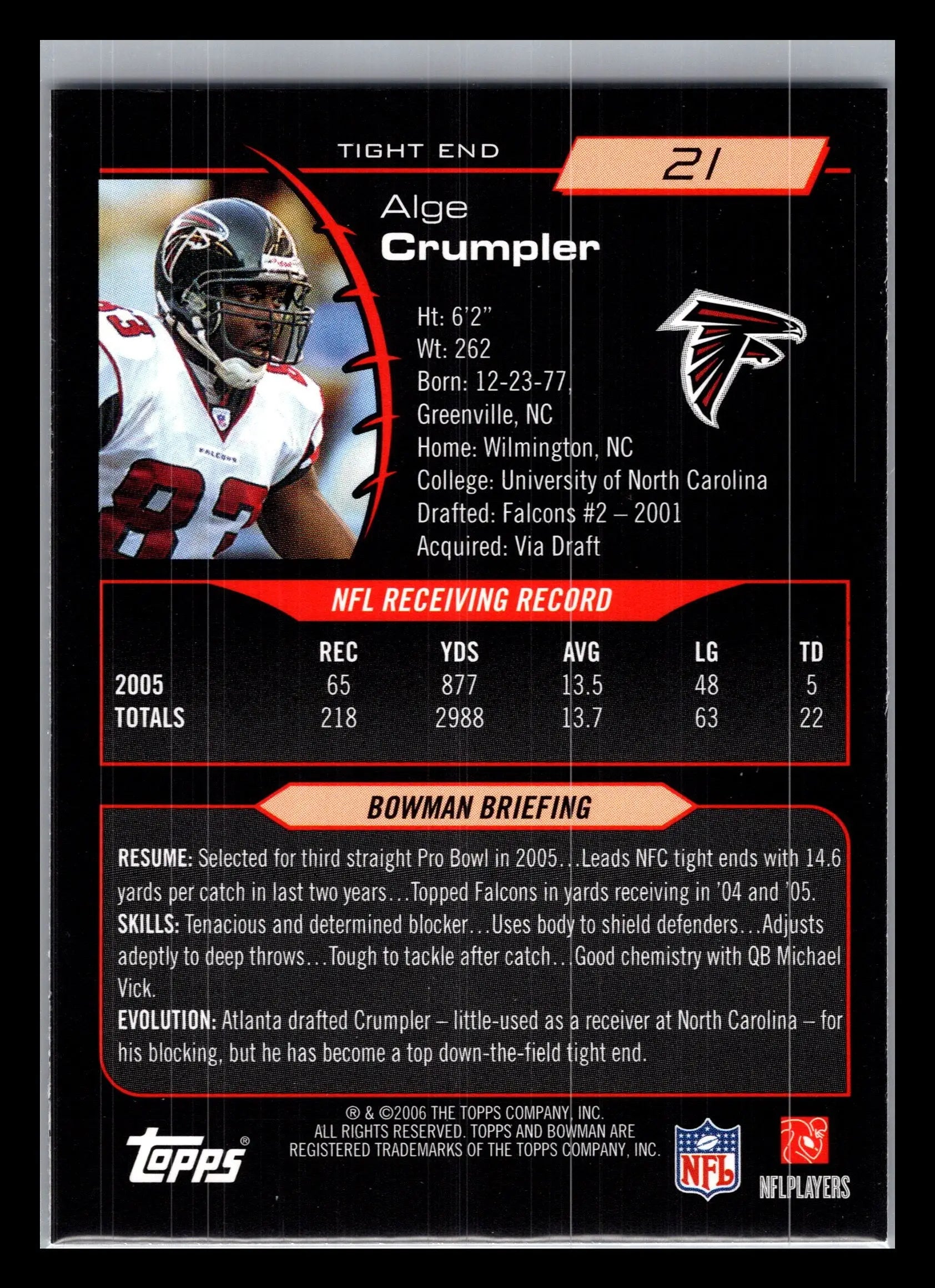 2006 Bowman #21 Alge Crumpler Atlanta Falcons