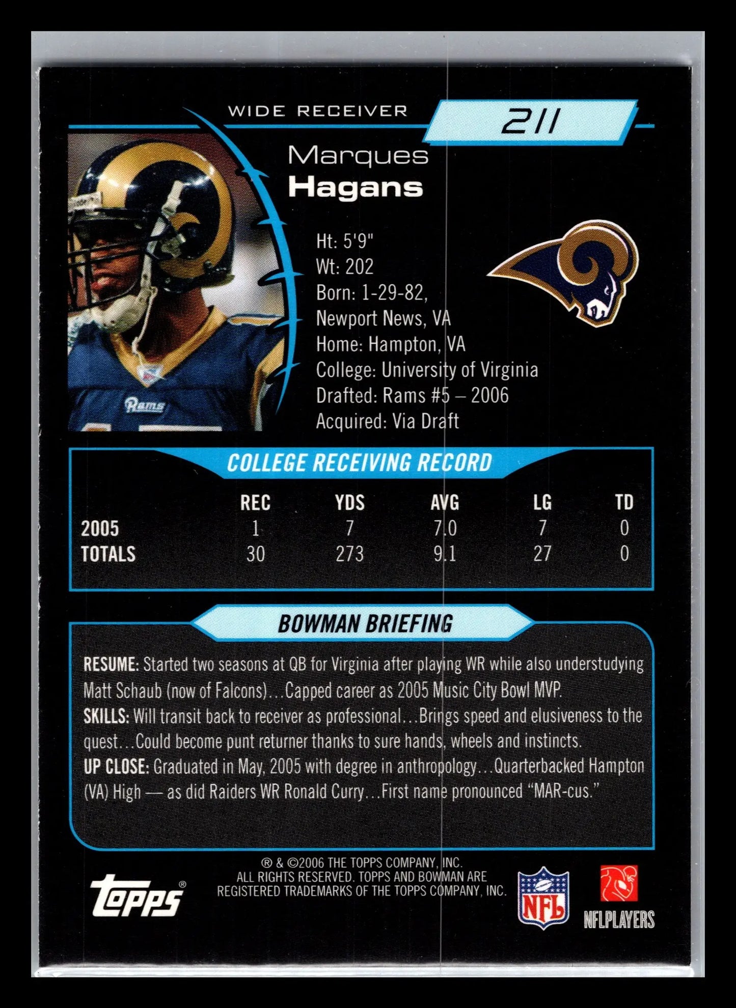 2006 Bowman #211 Marques Hagans St. Louis Rams Rookie - Football Card Single