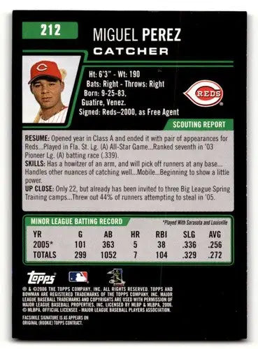 Original gloss Miguel Perez Cincinnati Reds baseball card from 2006 Bowman #212