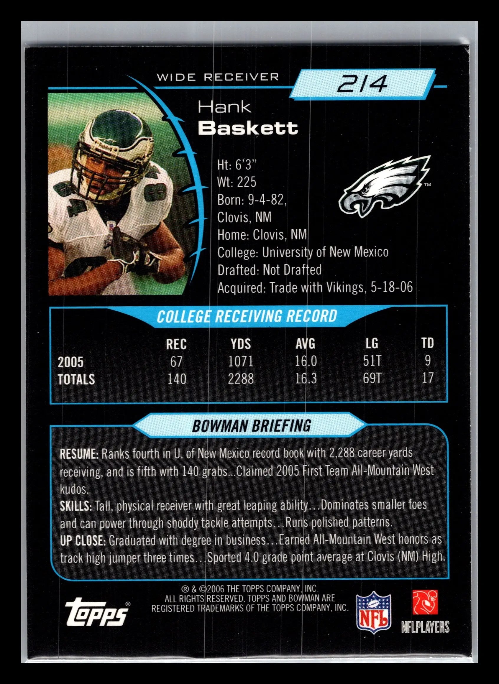 2006 Bowman #214 Hank Baskett Philadelphia Eagles Rookie