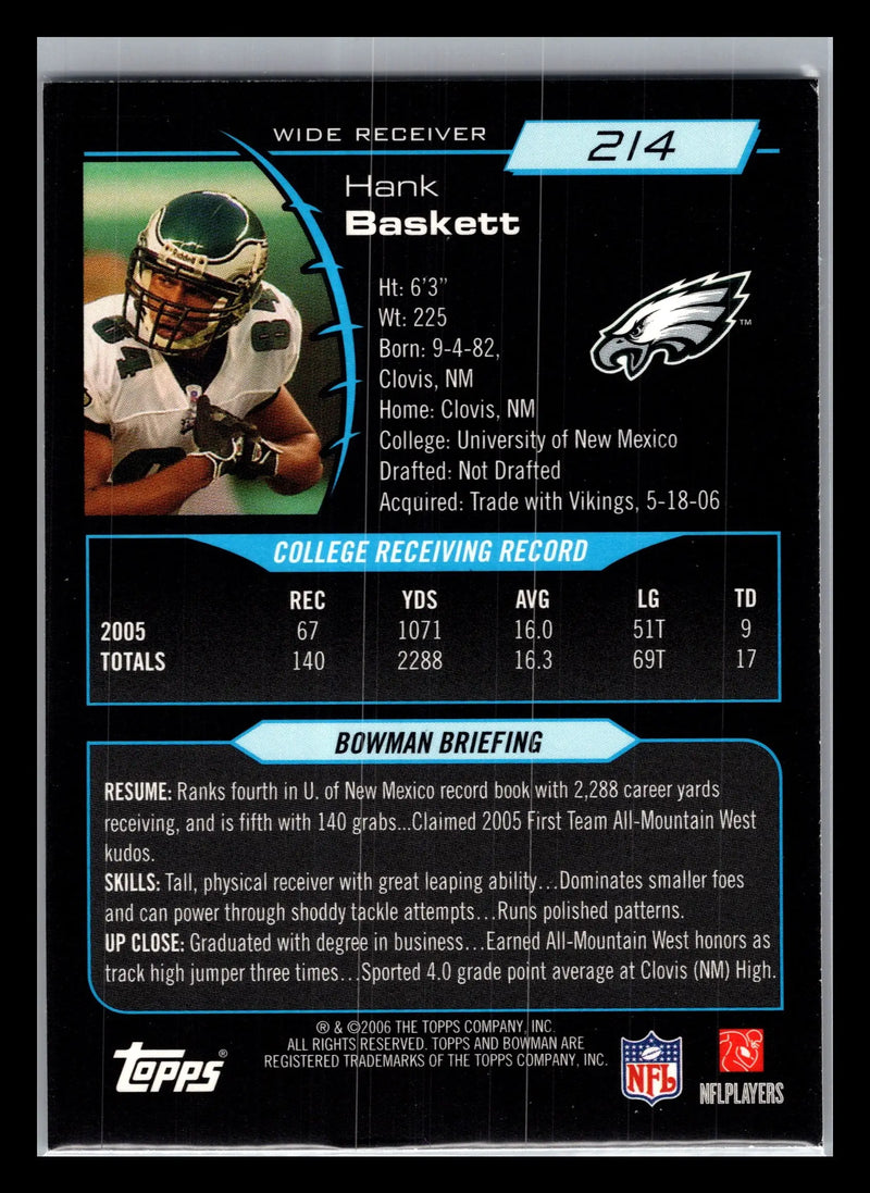 2006 Bowman #214 Hank Baskett Philadelphia Eagles Rookie