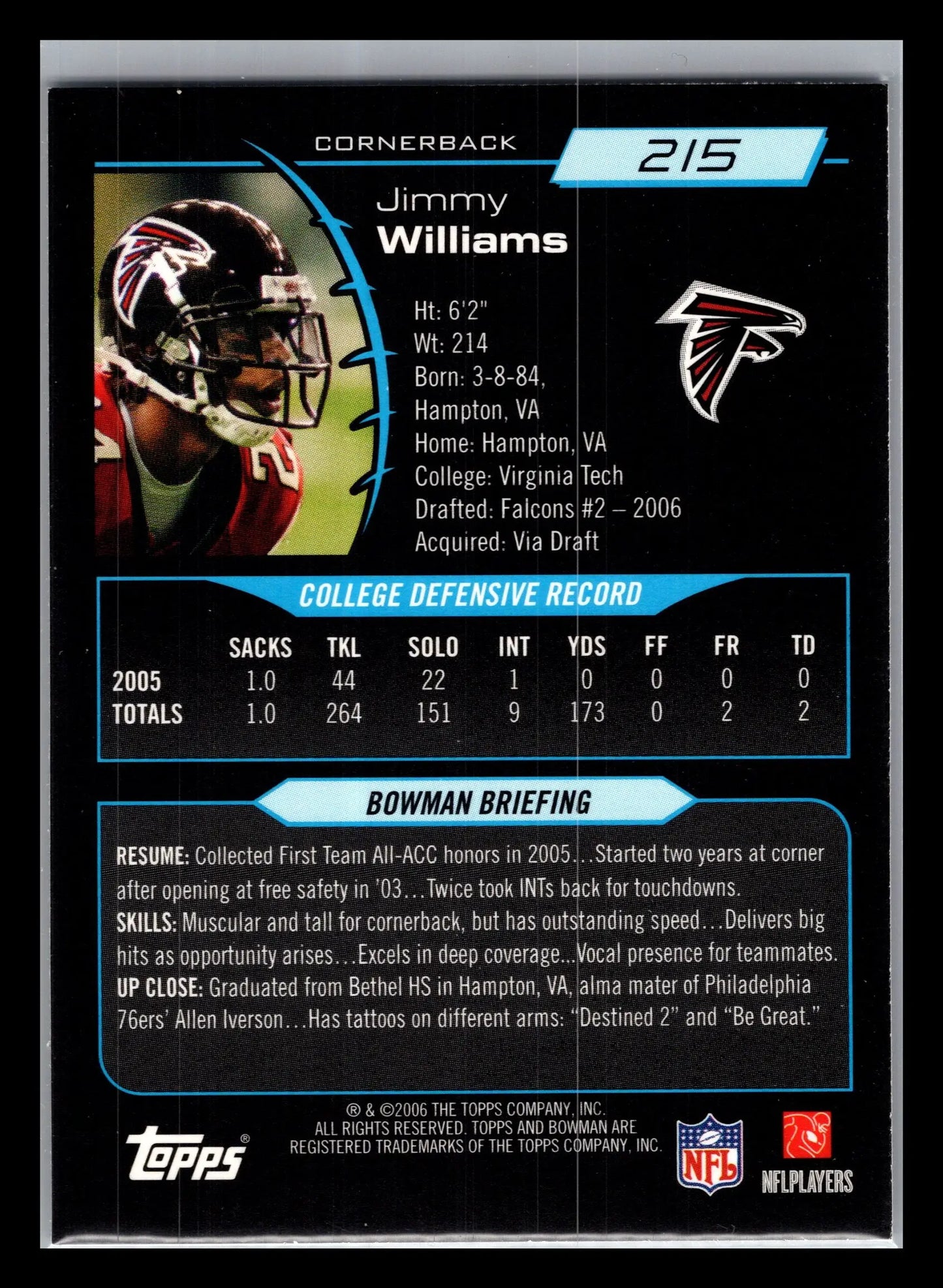 2006 Bowman #215 Jimmy Williams Atlanta Falcons Rookie