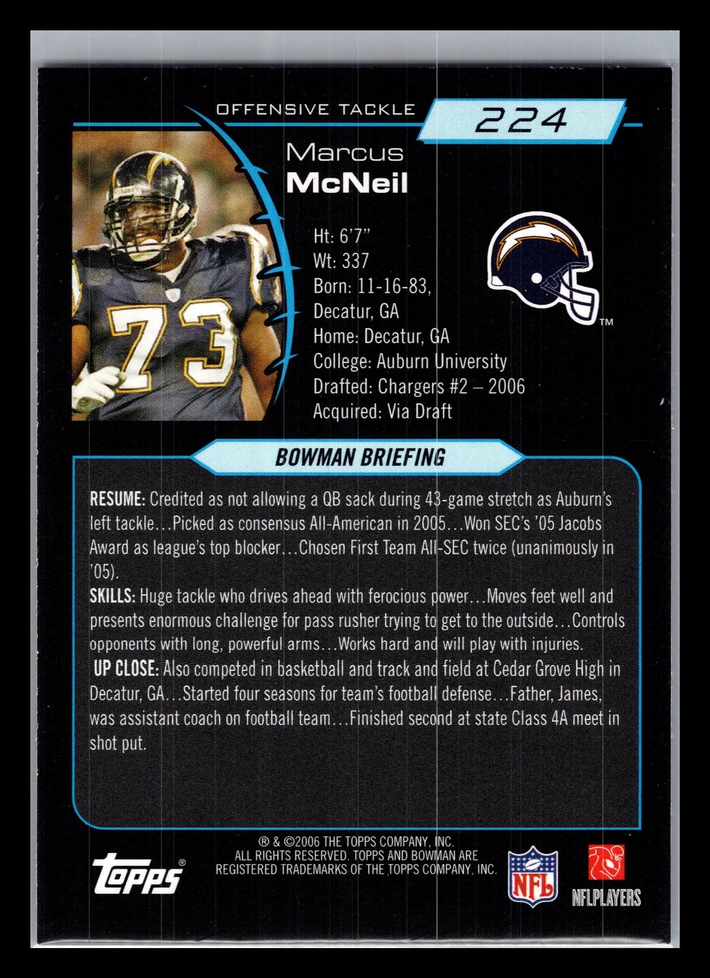 2006 Bowman #224 Marcus McNeill San Diego Chargers Rookie