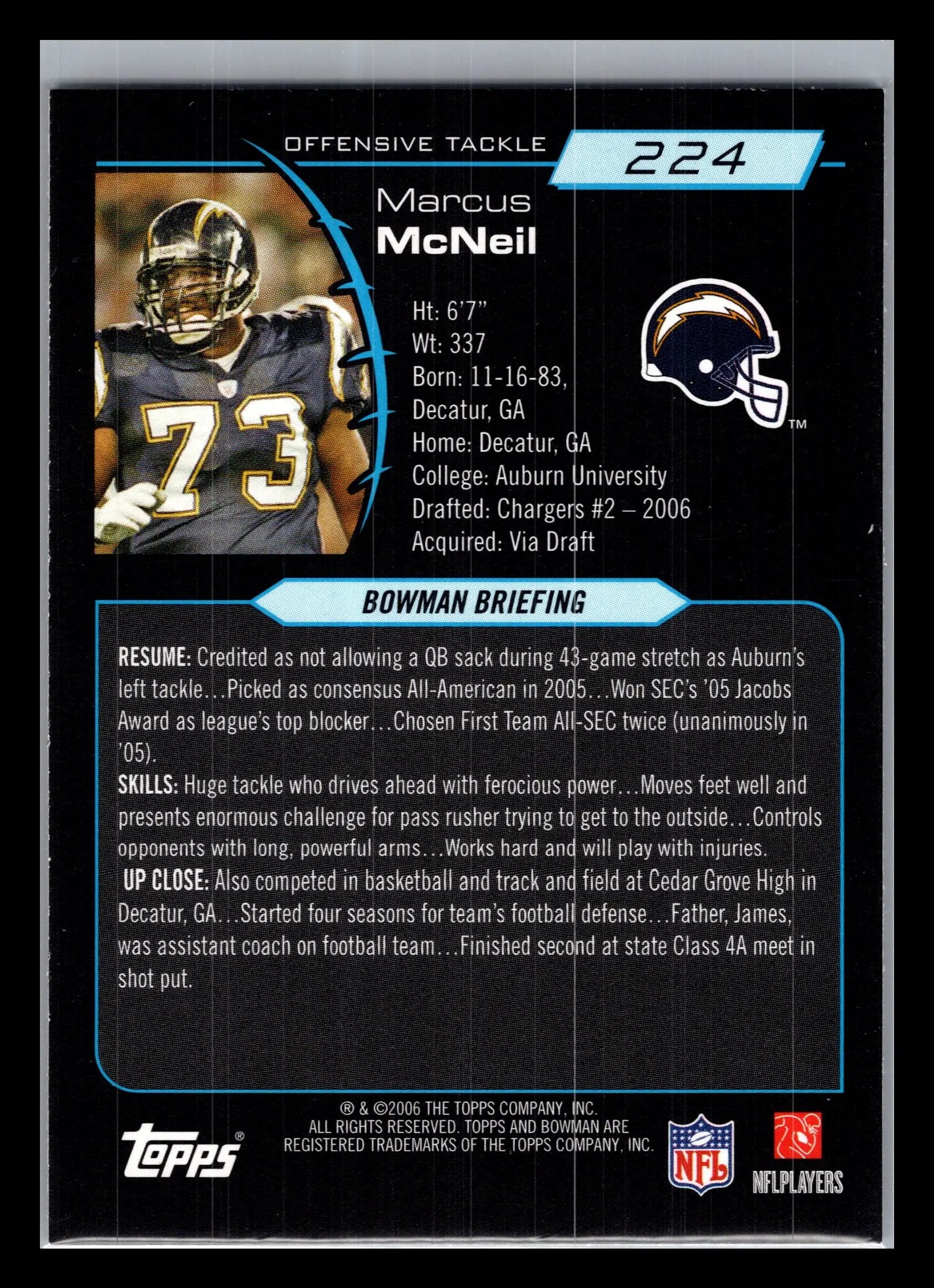 2006 Bowman #224 Marcus McNeill San Diego Chargers Rookie