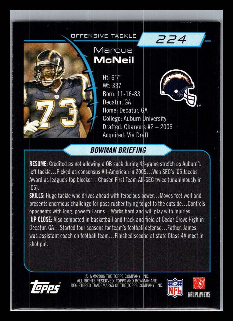 2006 Bowman #224 Marcus McNeill San Diego Chargers Rookie