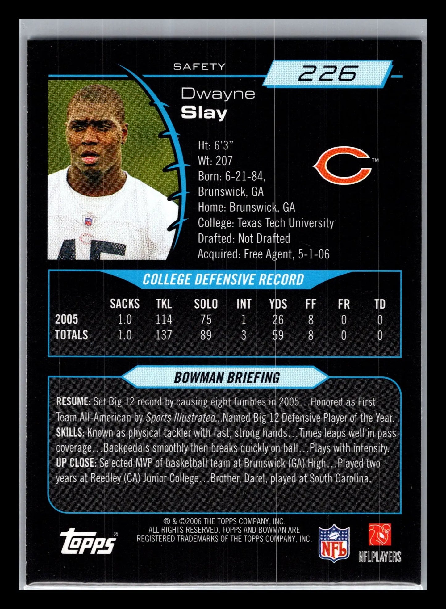 2006 Bowman #226 Dwayne Slay Chicago Bears Rookie - Football Card Single
