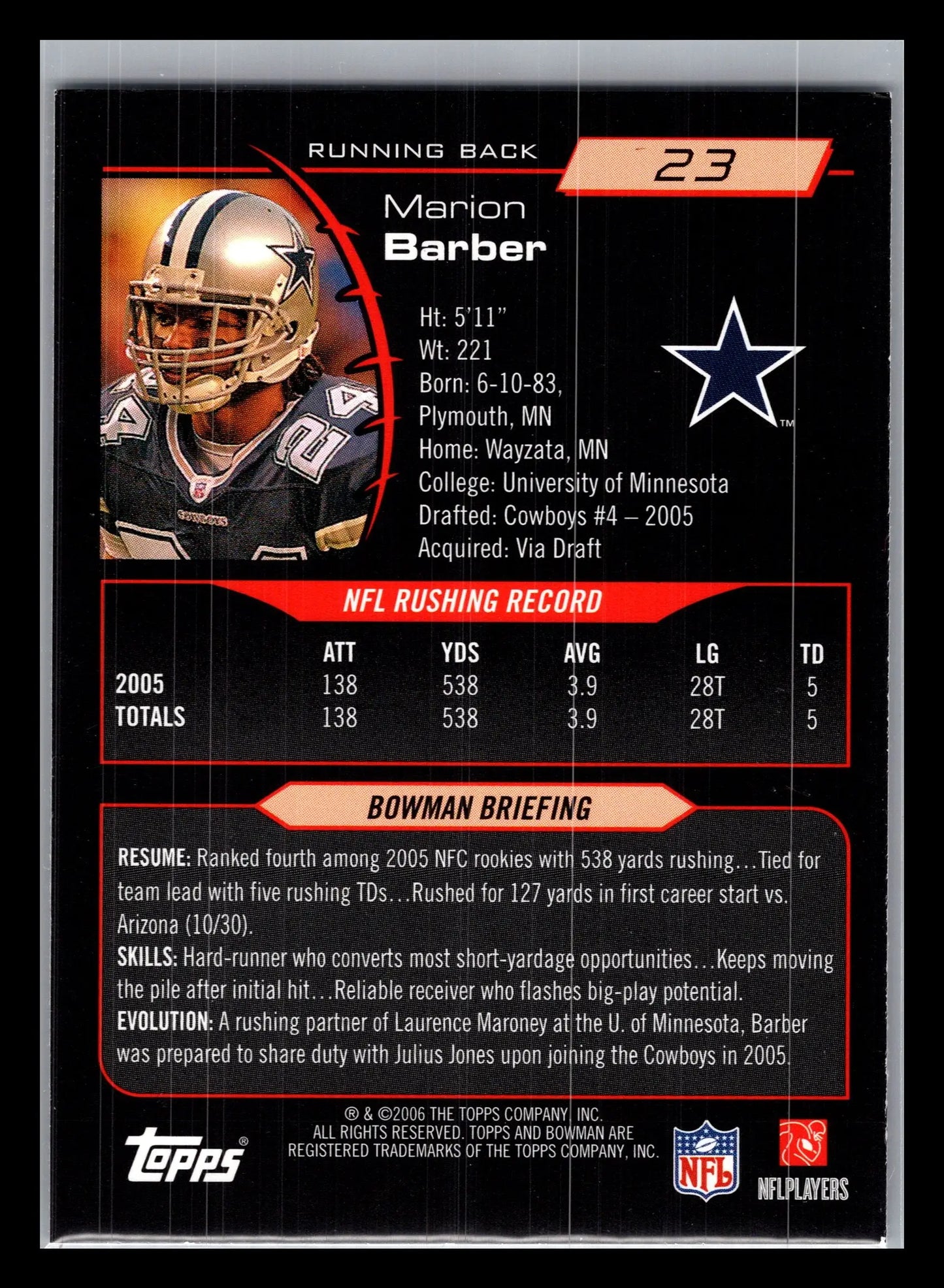 2006 Bowman #23 Marion Barber Dallas Cowboys