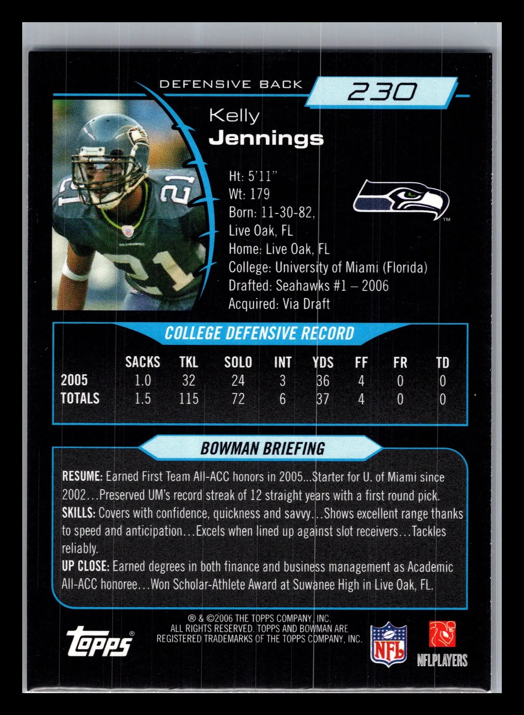 2006 Bowman #230 Kelly Jennings Seattle Seahawks Rookie