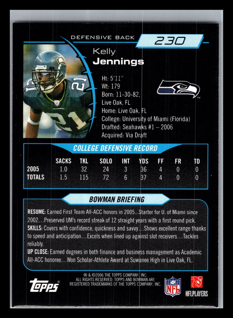 2006 Bowman #230 Kelly Jennings Seattle Seahawks Rookie