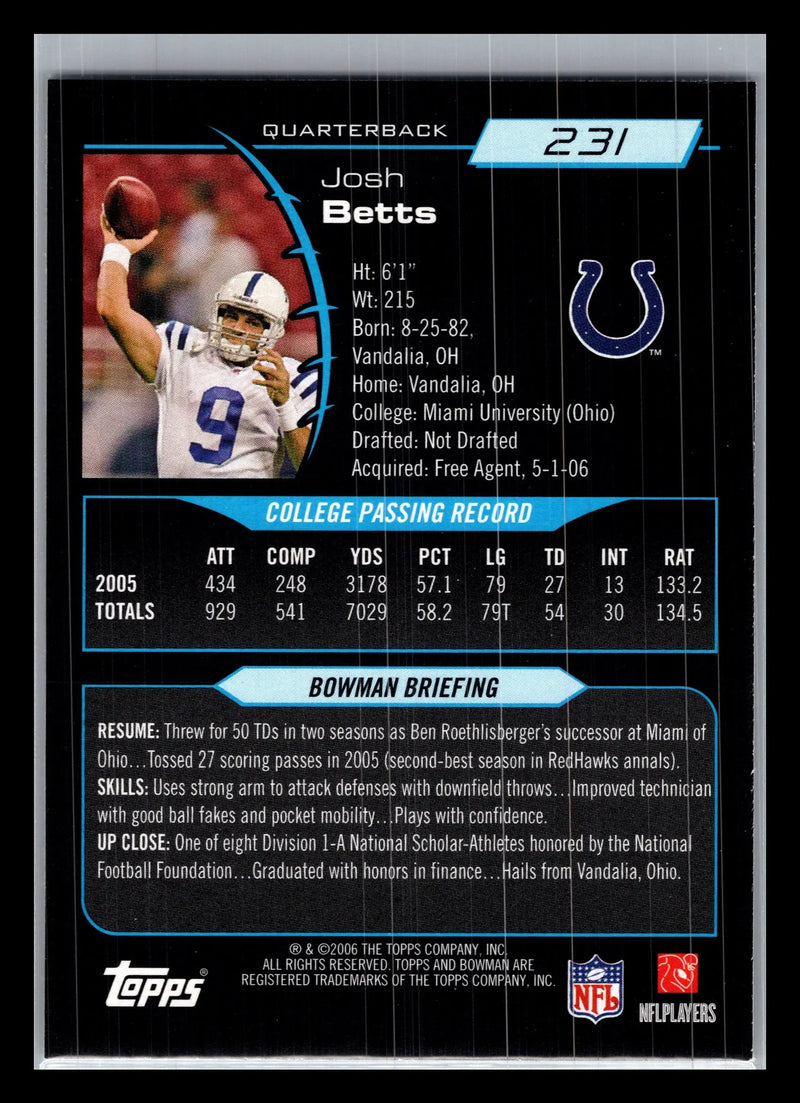 2006 Bowman #231 Josh Betts Indianapolis Colts Rookie - Football Card Single