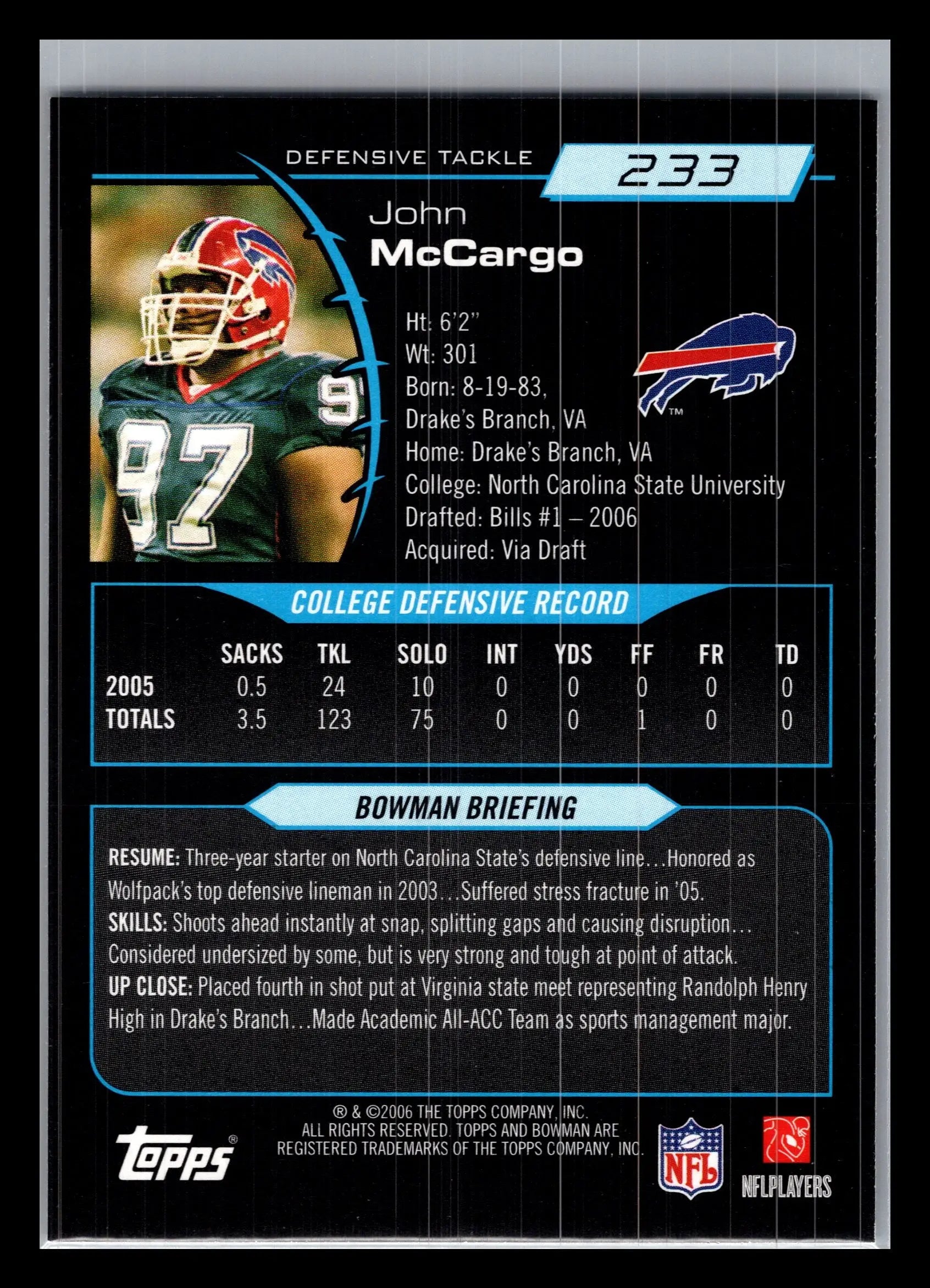 2006 Bowman #233 John McCargo Buffalo Bills Rookie - Football Card Single