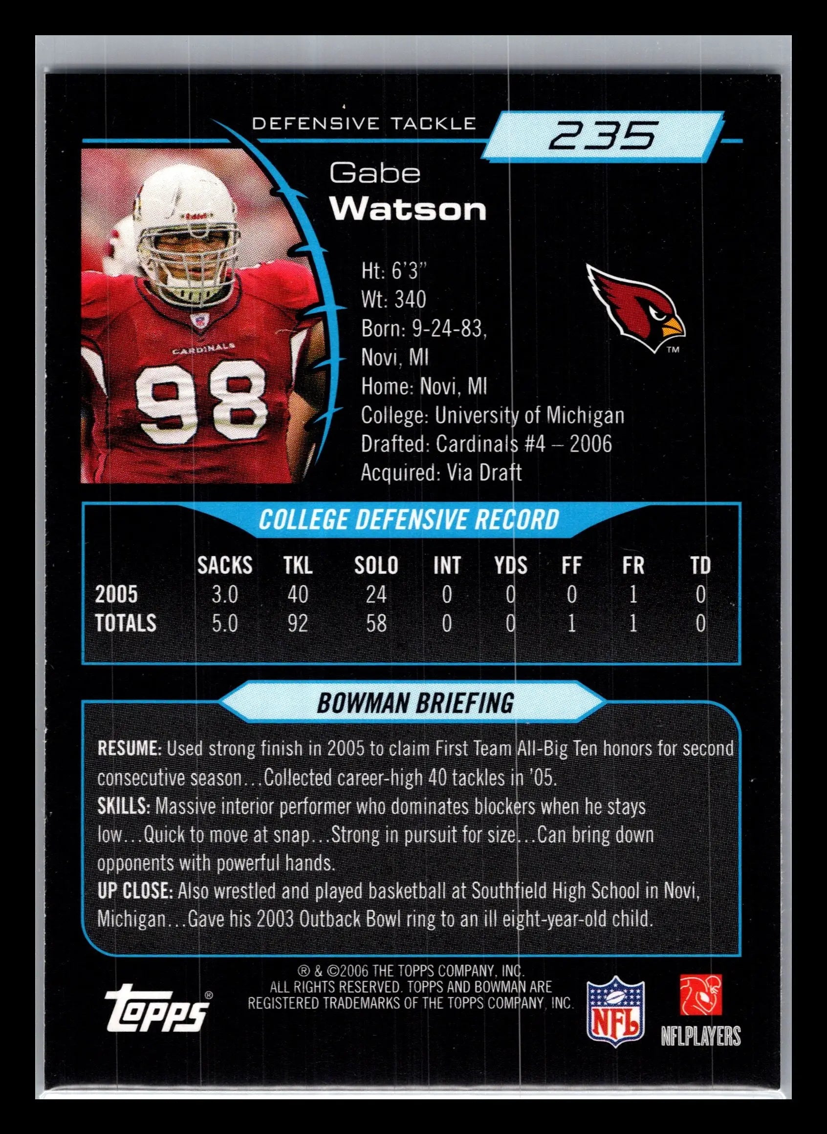 2006 Bowman #235 Gabe Watson Arizona Cardinals Rookie - Football Card Single