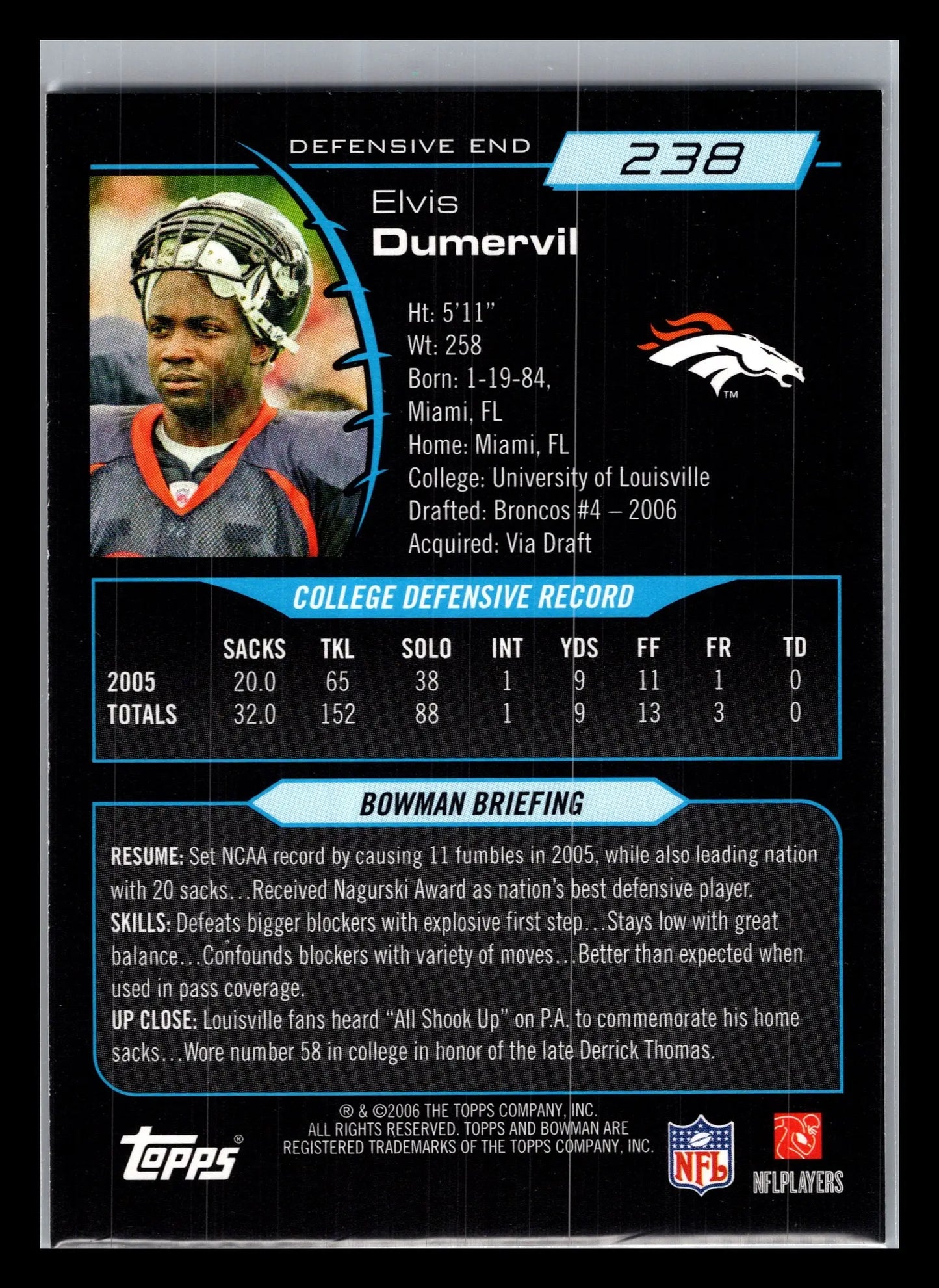 2006 Bowman #238 Elvis Dumervil Denver Broncos Rookie