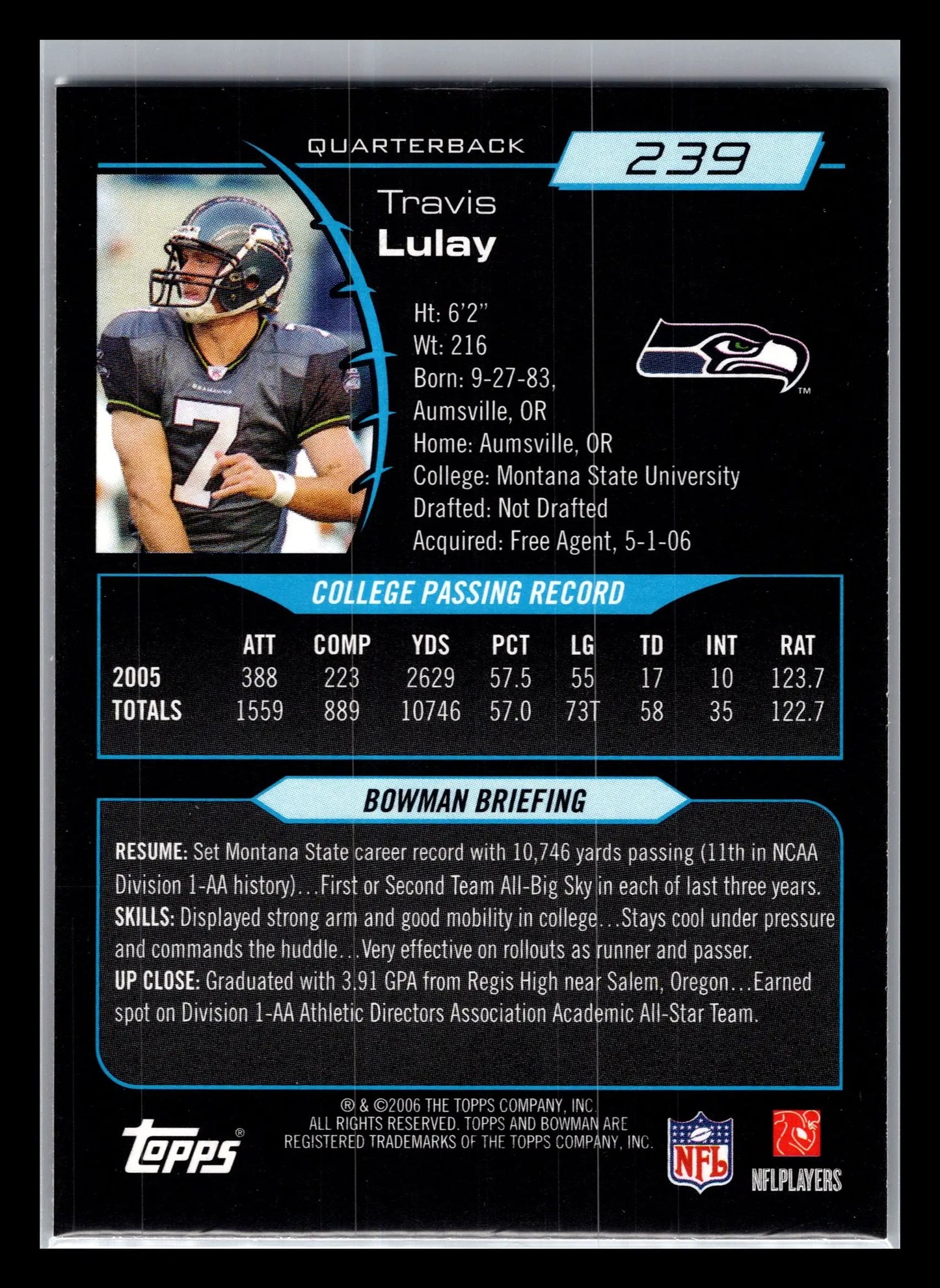 2006 Bowman #239 Travis Lulay Seattle Seahawks Rookie - Football Card Single
