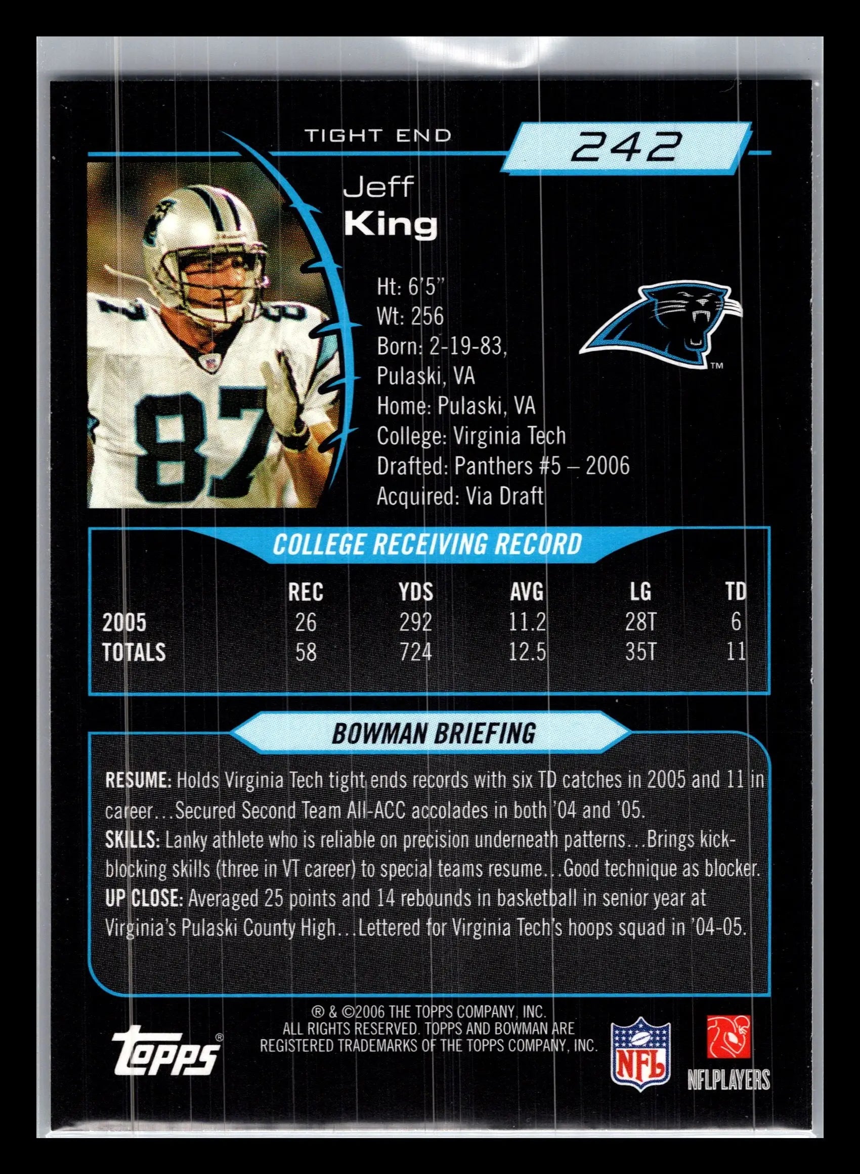 2006 Bowman #242 Jeff King Carolina Panthers Rookie - Football Card Single