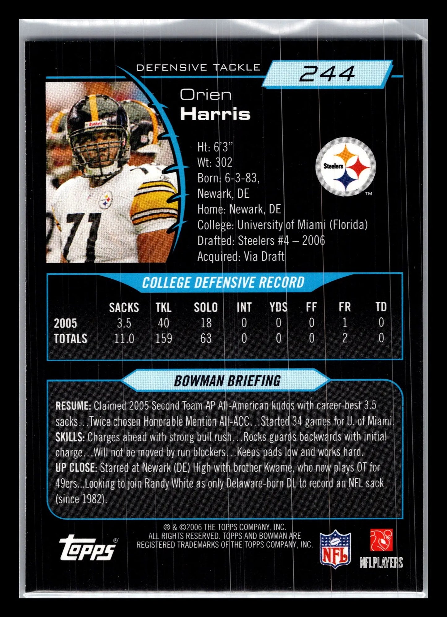 2006 Bowman #244 Orien Harris Pittsburgh Steelers Rookie - Football Card Single