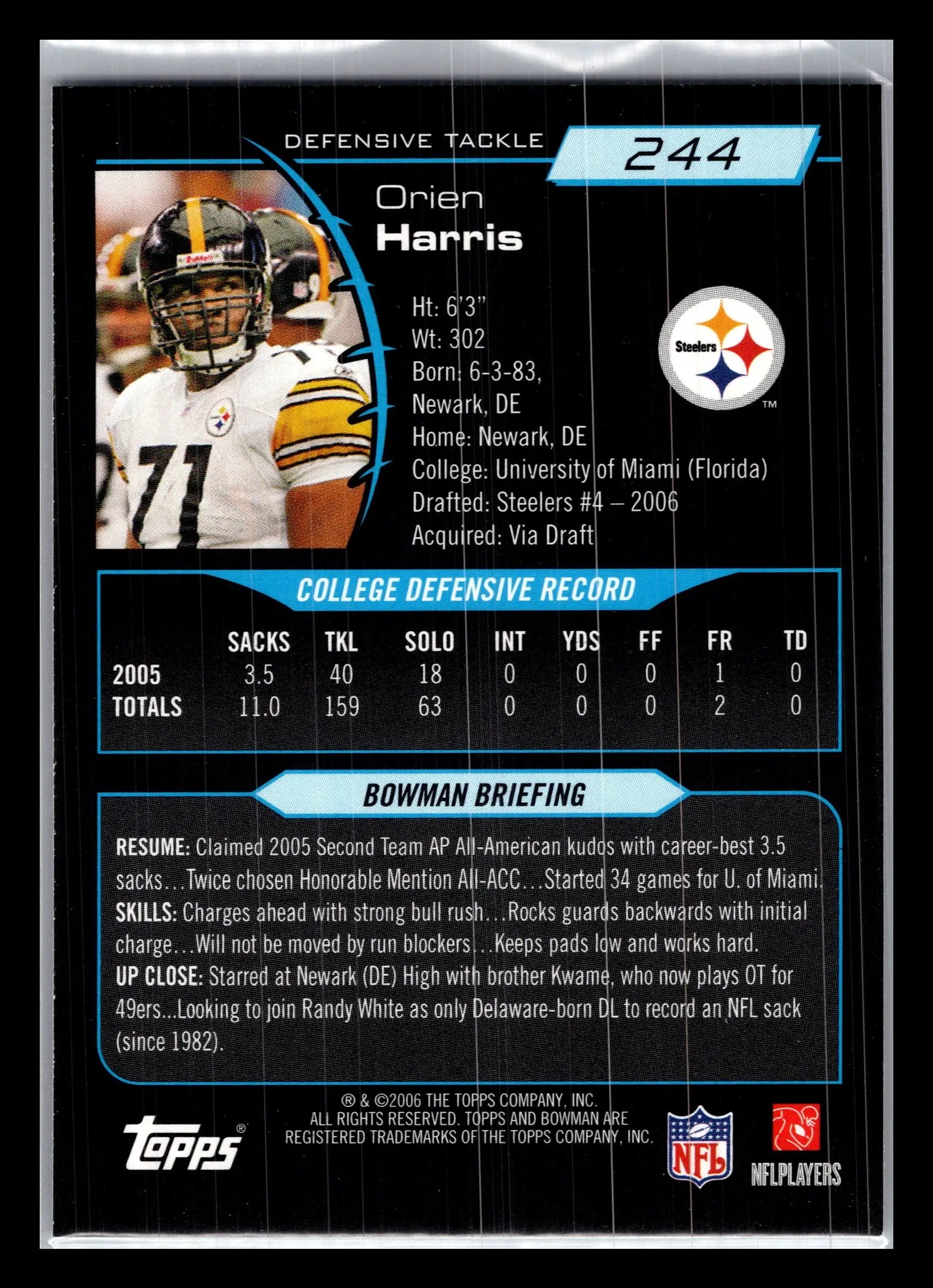 2006 Bowman #244 Orien Harris Pittsburgh Steelers Rookie - Football Card Single