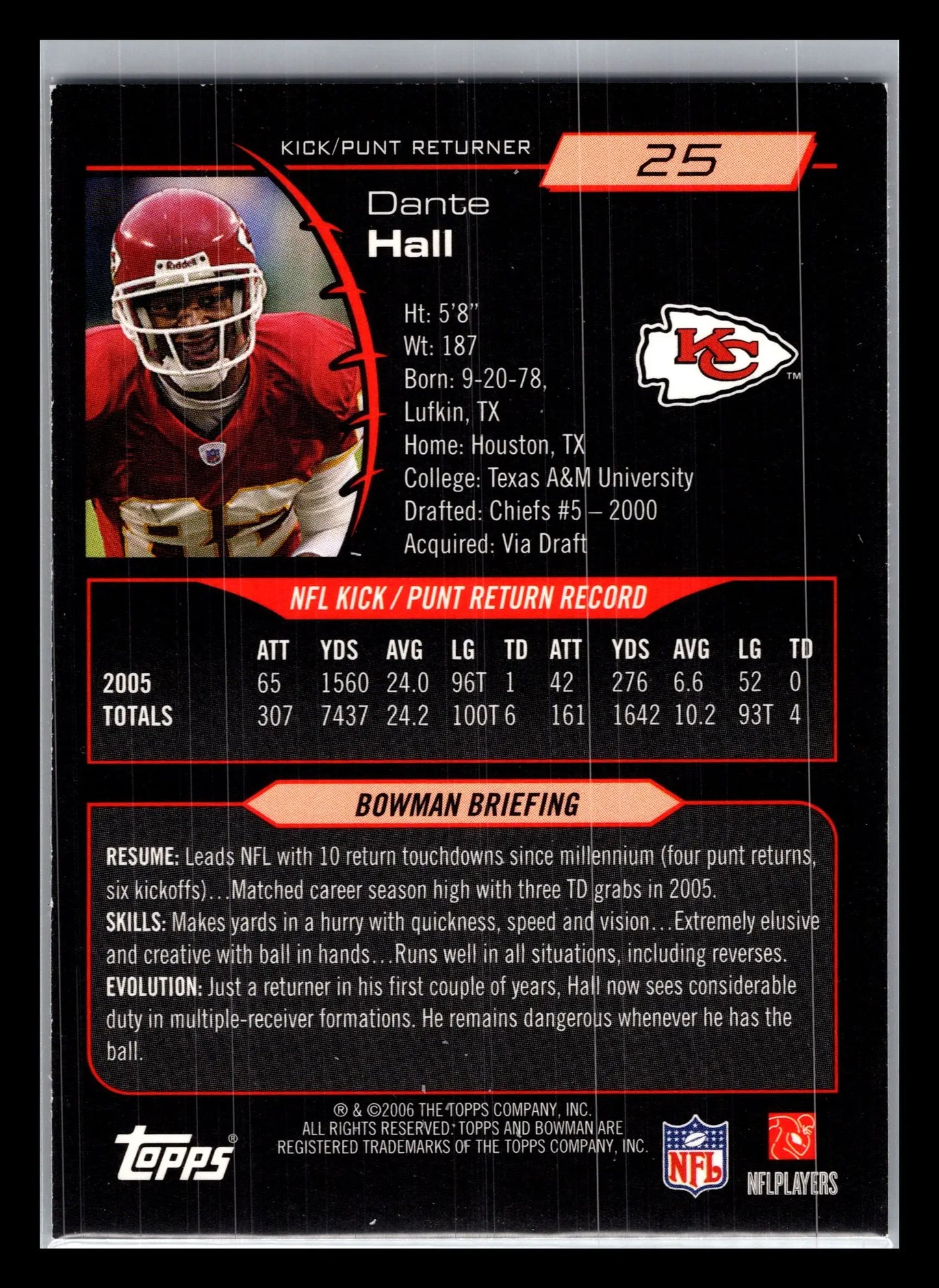 2006 Bowman #25 Dante Hall Kansas City Chiefs