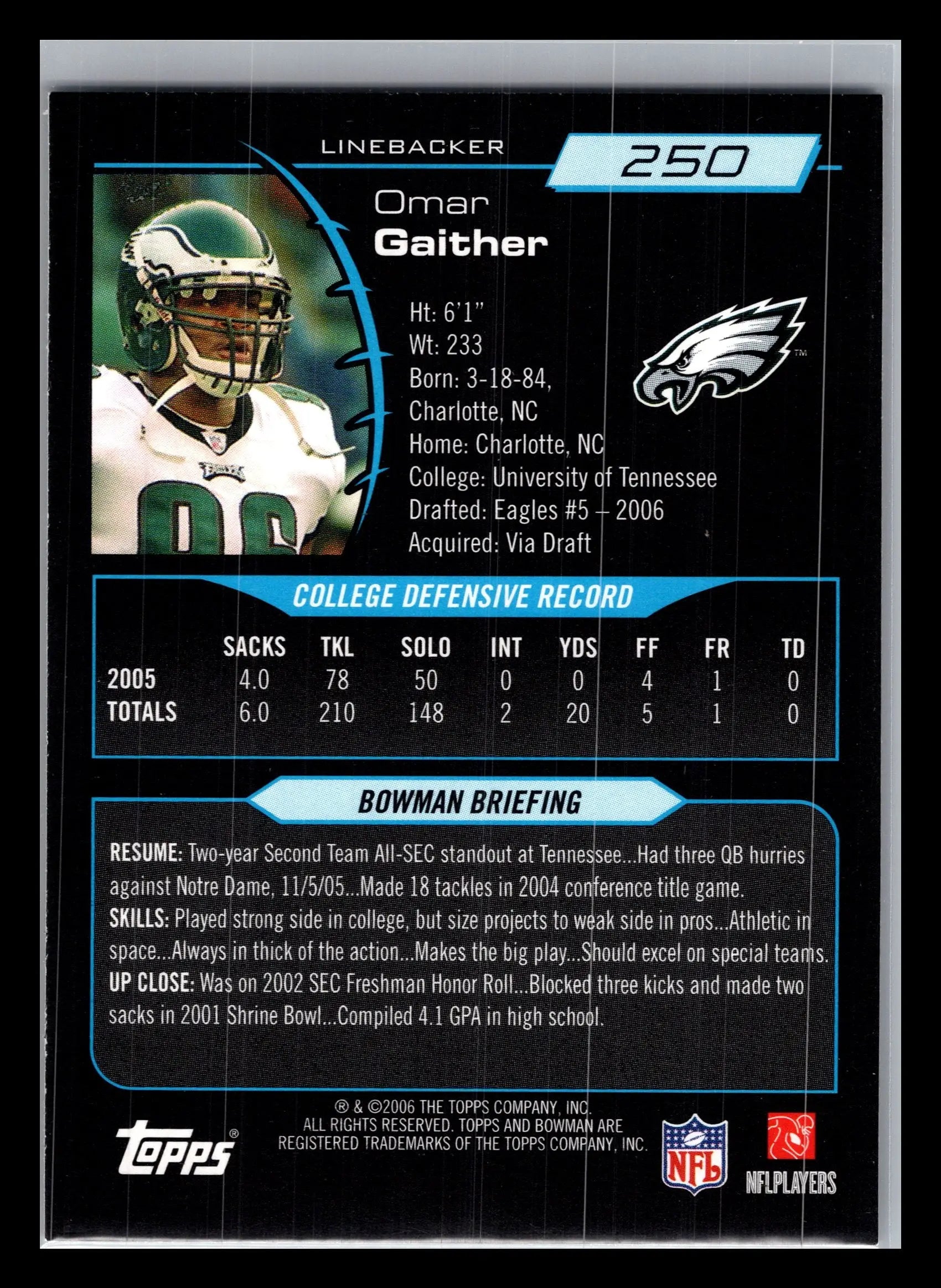 2006 Bowman #250 Omar Gaither Philadelphia Eagles Rookie