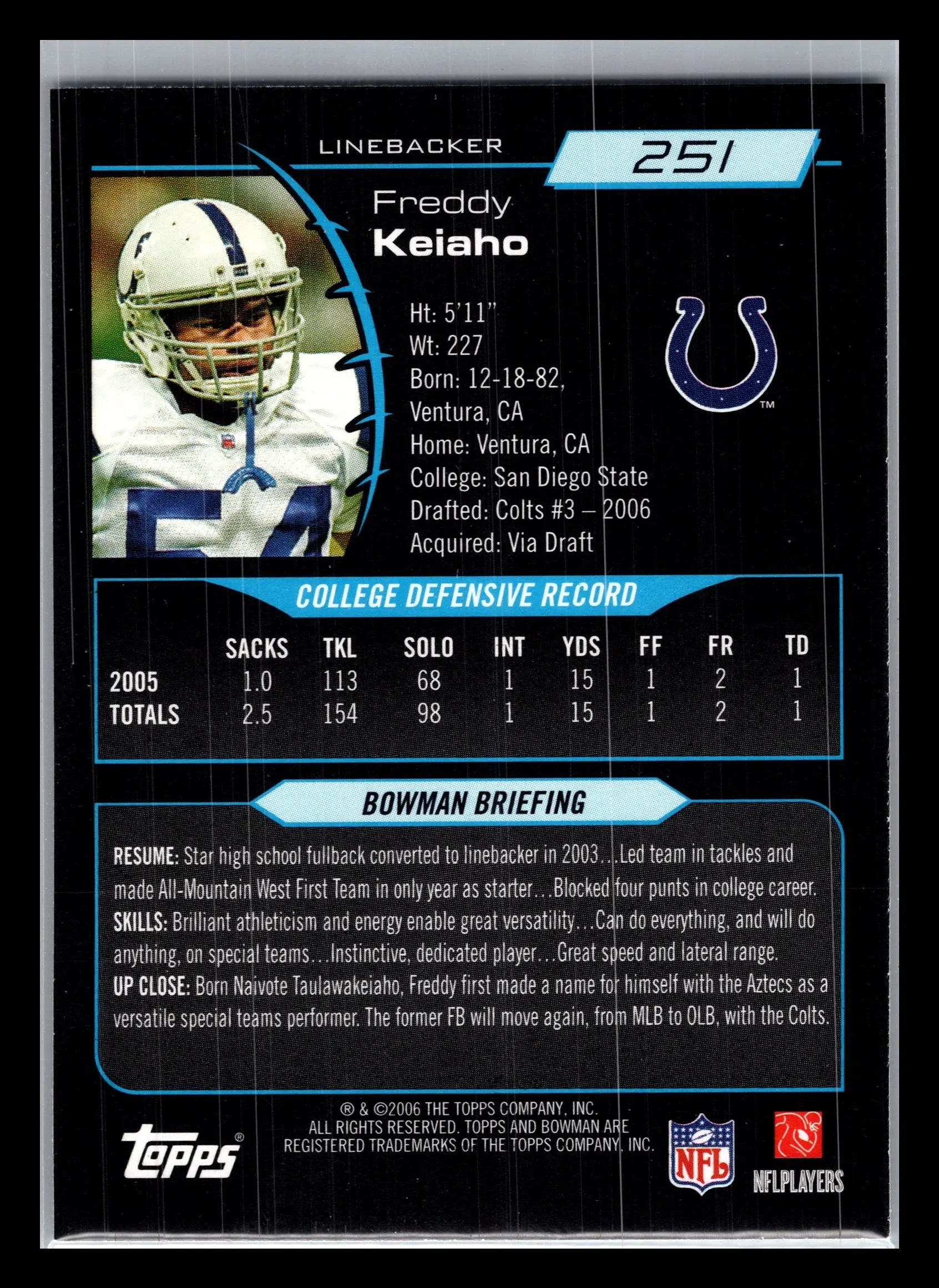 2006 Bowman #251 Freddy Keiaho Indianapolis Colts Rookie
