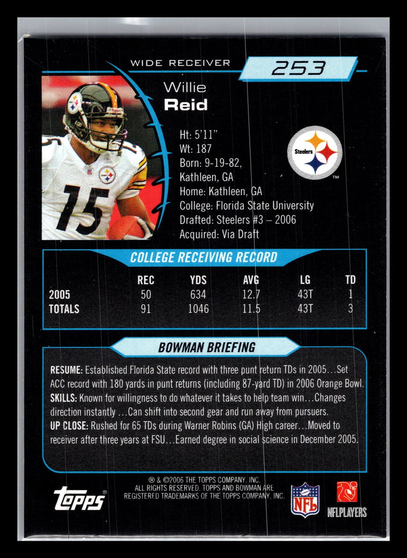 2006 Bowman #253 Willie Reid Pittsburgh Steelers Rookie - Football Card Single