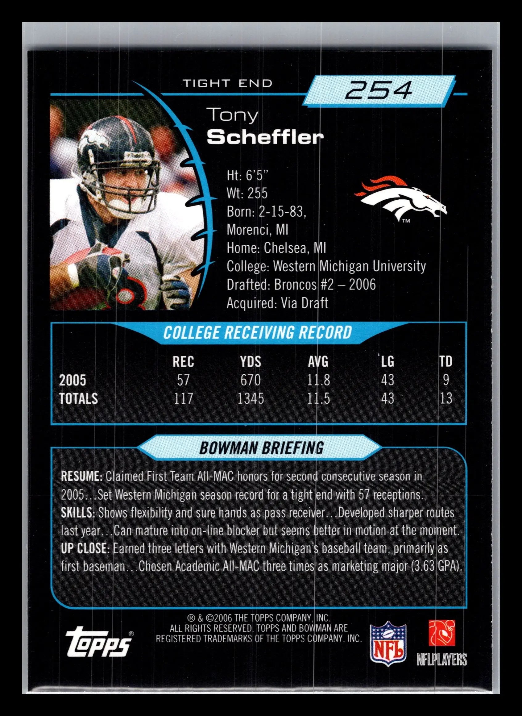 2006 Bowman #254 Tony Scheffler Denver Broncos Rookie