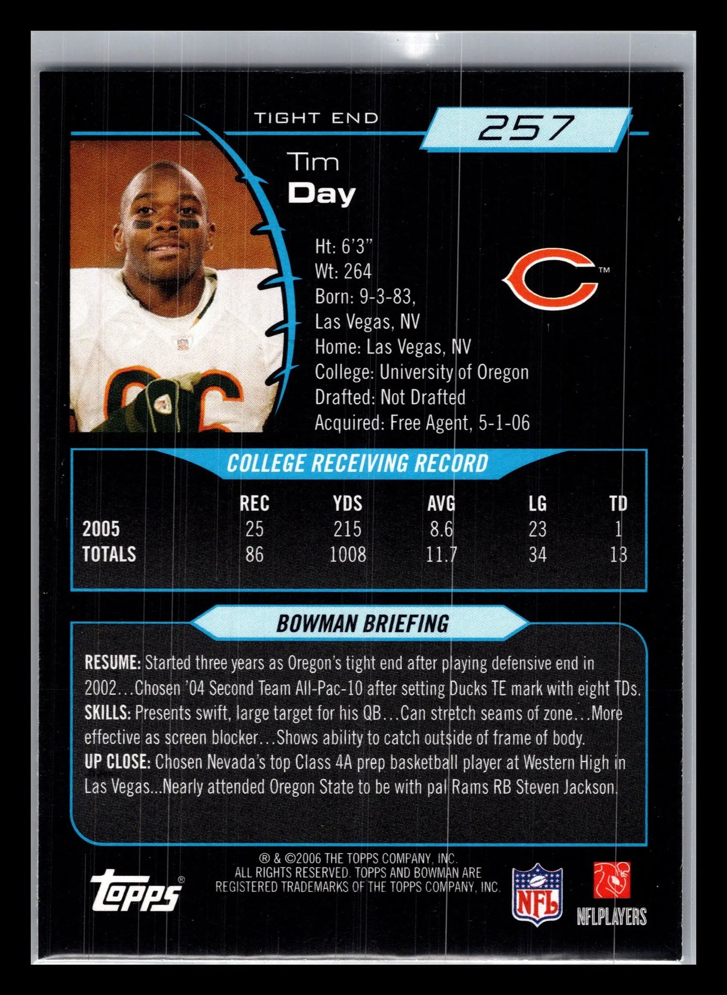 2006 Bowman #257 Tim Day Chicago Bears Rookie