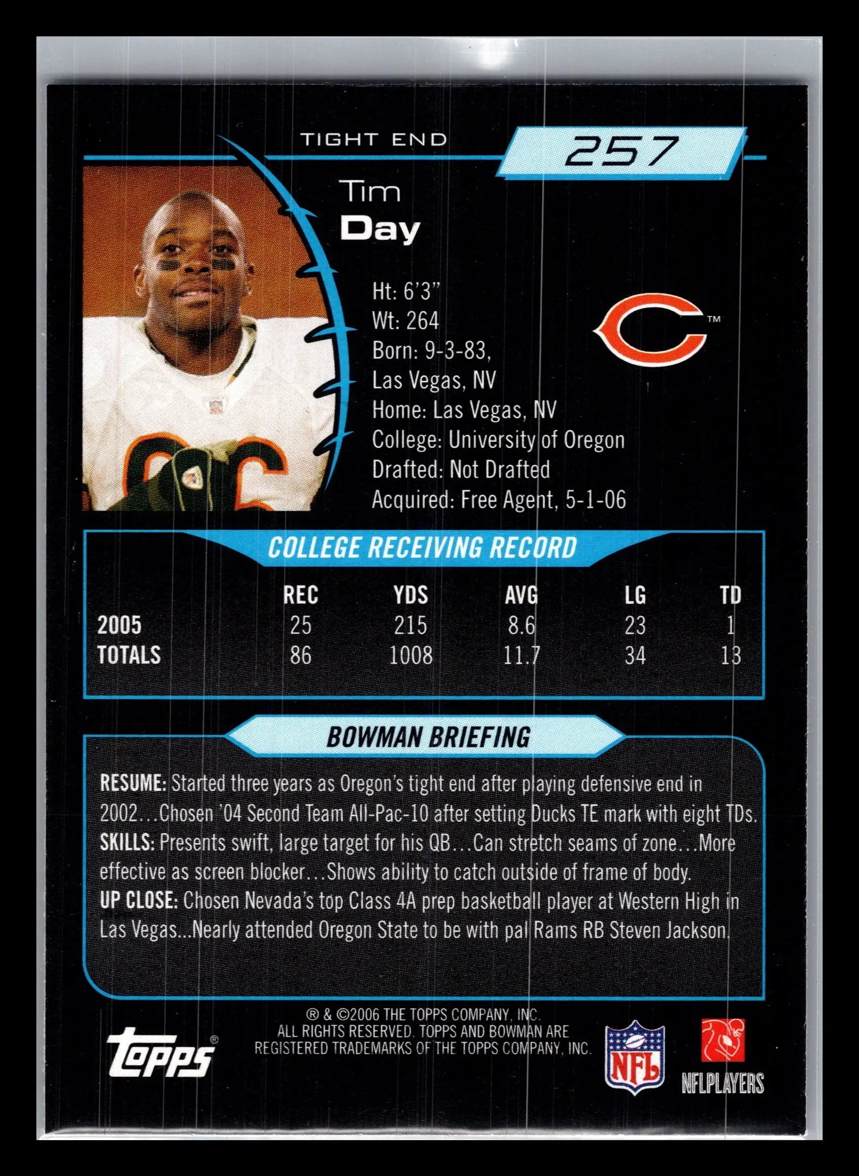 2006 Bowman #257 Tim Day Chicago Bears Rookie