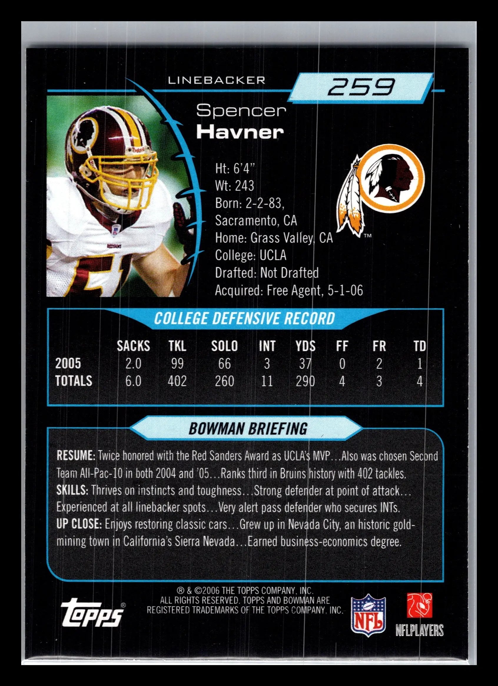 2006 Bowman #259 Spencer Havner Washington Redskins Rookie