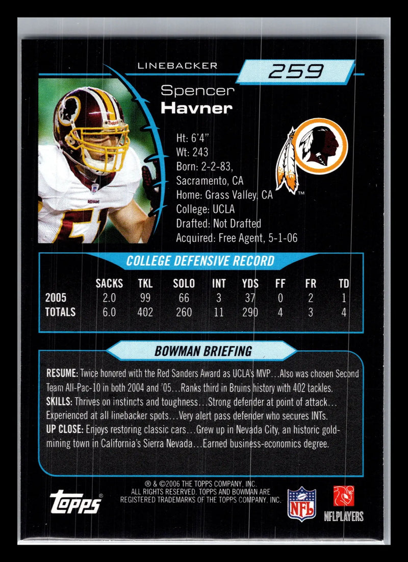 2006 Bowman #259 Spencer Havner Washington Redskins Rookie