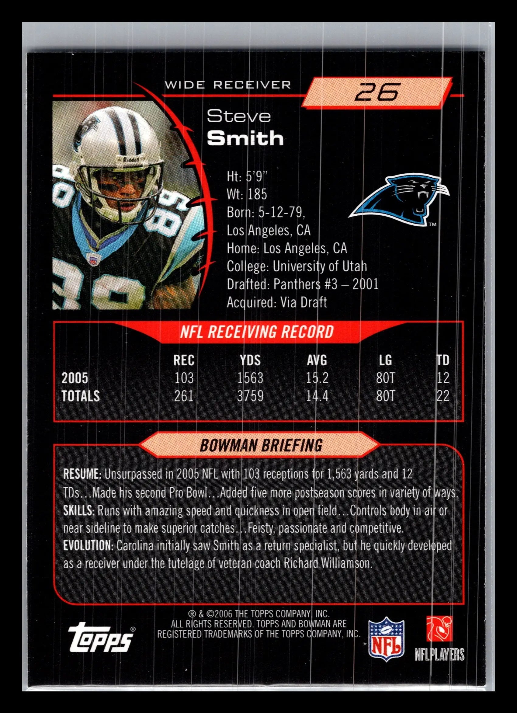 2006 Bowman #26 Steve Smith Carolina Panthers - Football Card Single