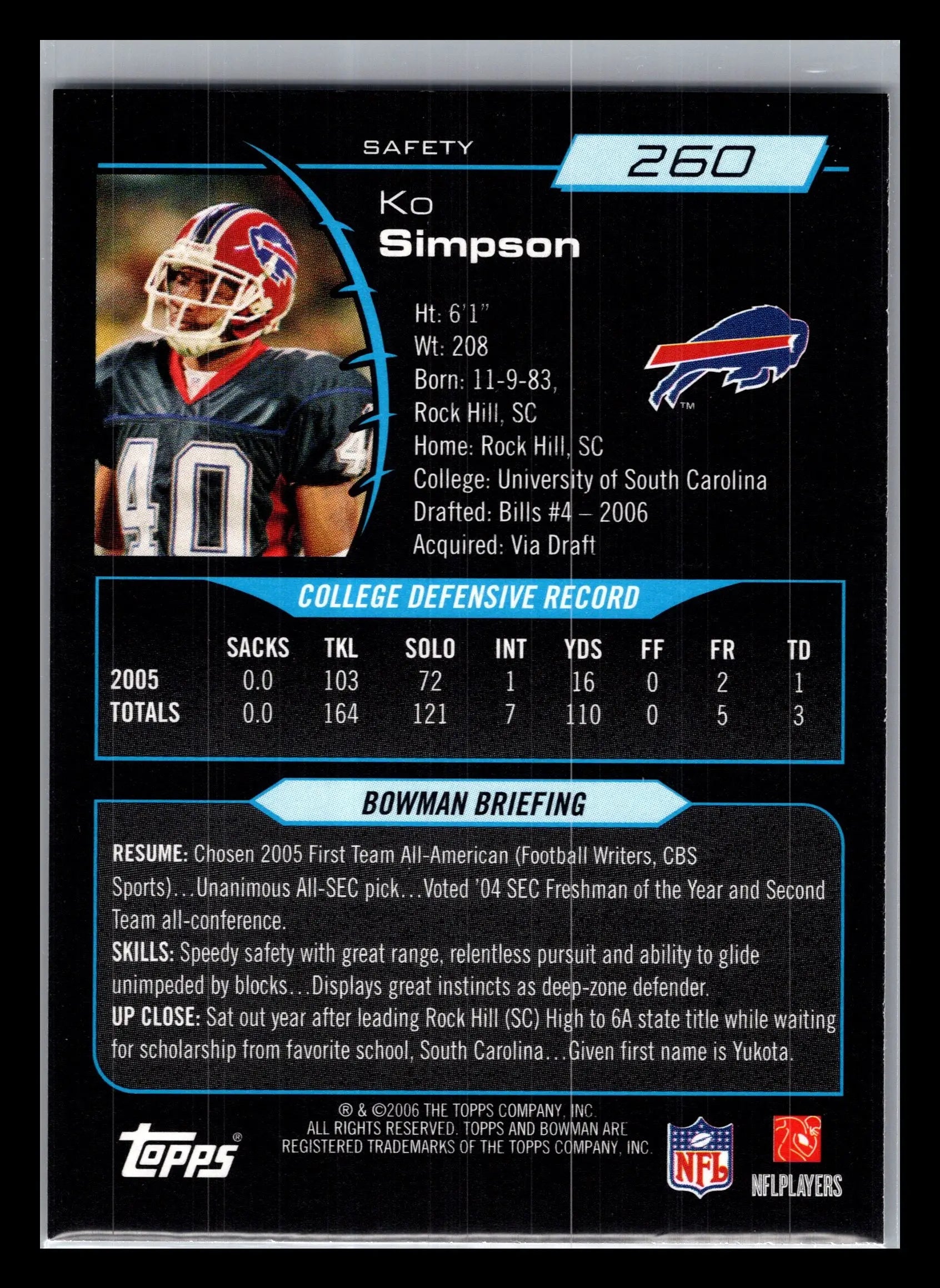 2006 Bowman #260 Ko Simpson Buffalo Bills Rookie